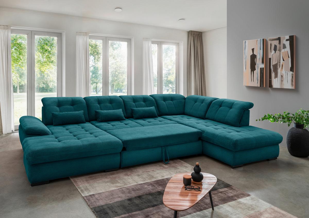 Wohnlandschaft mit Bettkasten Rigatti Petrol B: 387 cm - Petrol/Schwarz, MODERN, Textil (184/387/252cm) - Livetastic
