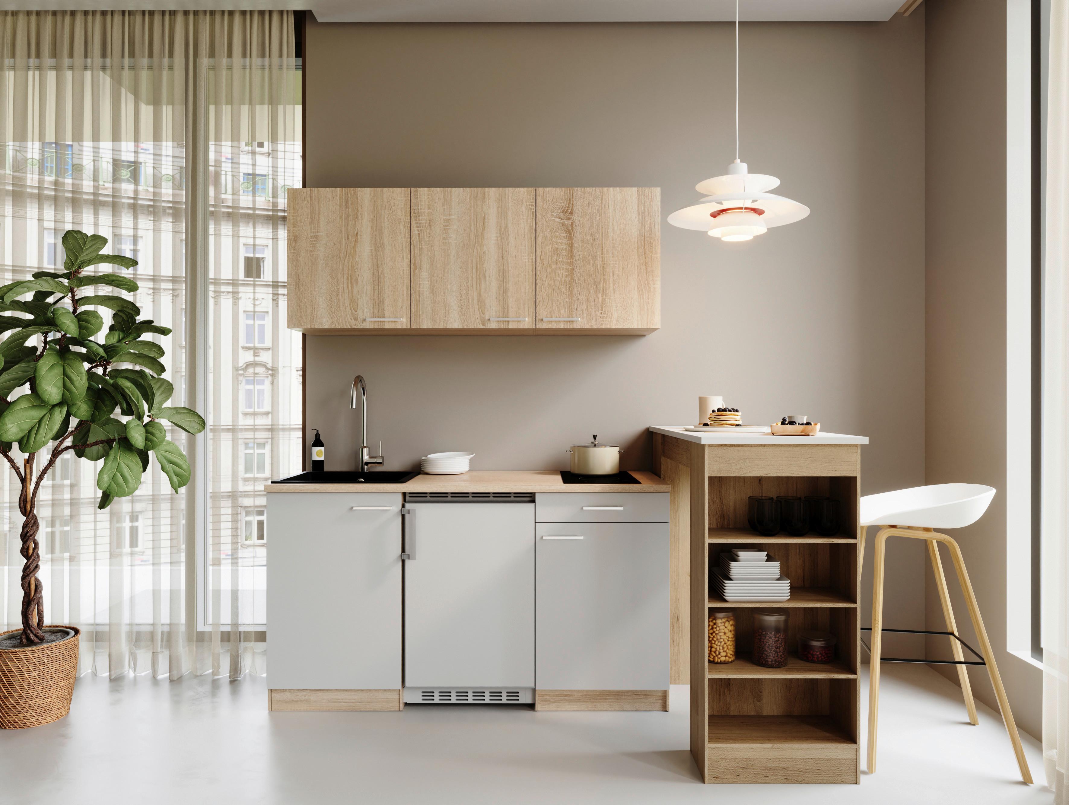 Miniküche Ingrid Weiß/Eichefarben B: 150cm - Eichefarben/Weiß, Design, Holzwerkstoff (150cm) - Respekta