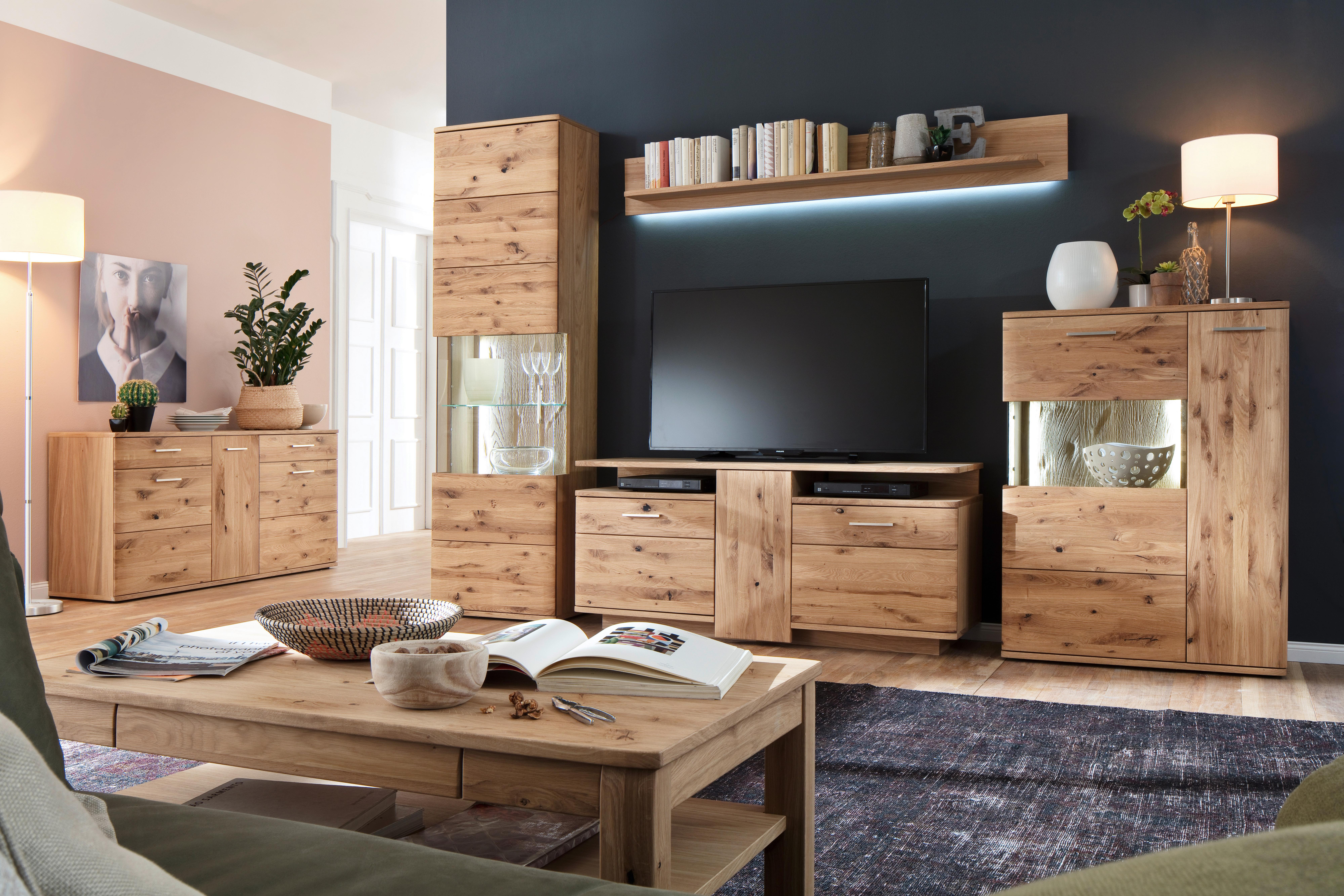 Wohnwand Santori Eiche teilmassiv - Eichefarben/Schwarz, Design, Glas/Holz (320/208/45cm) - Livetastic