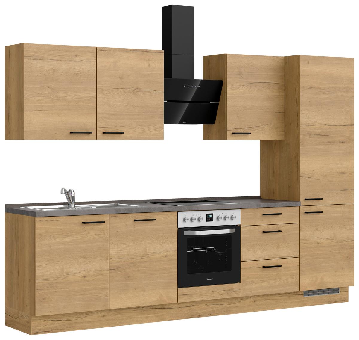 Kuchynská linka 300 cm, dub Sierra - čierna/farba duba, Modern, kov/kompozitné drevo (300cm) - Nobilia