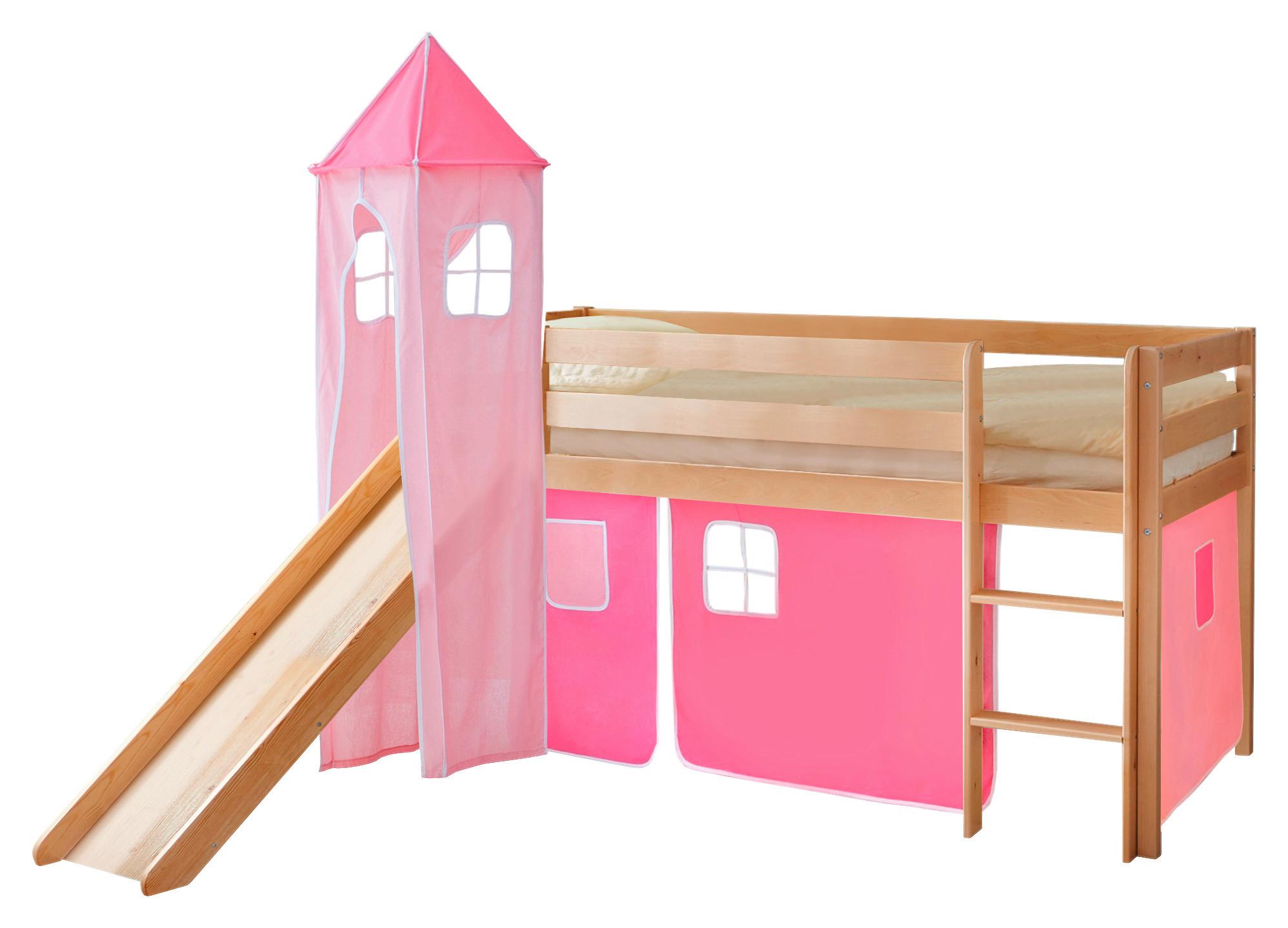Spielbett Kasper Rosa Kiefer Massiv 90 Cm Leiter Turm - Hellrosa/Rosa, Natur, Holz (90/200cm) - MID.YOU