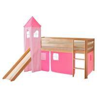 Posteľ s priestorom na hru KASPER záves ružový - ružová/farba borovice, Natur, drevo (90/200cm) - MID.YOU