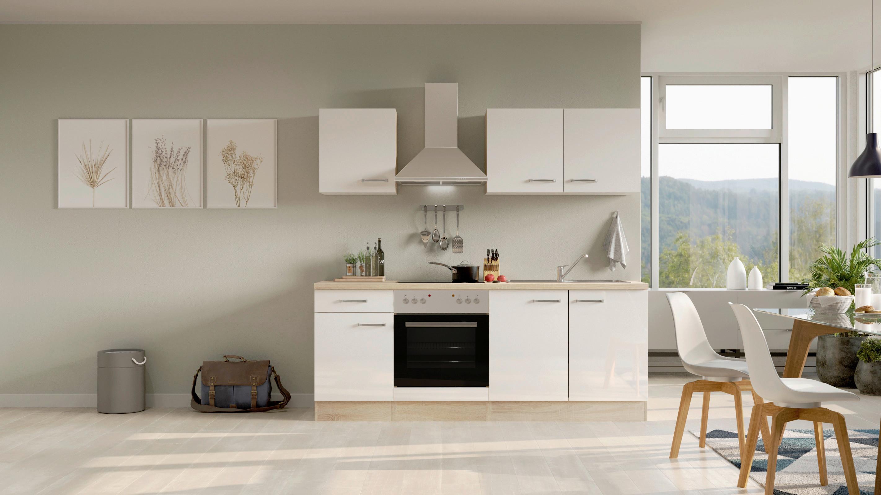Küchenblock Valero Sonoma Eiche/Weiß B: 210 cm - Weiß Hochglanz/Sonoma Eiche, MODERN, Holzwerkstoff (210cm) - FlexWell