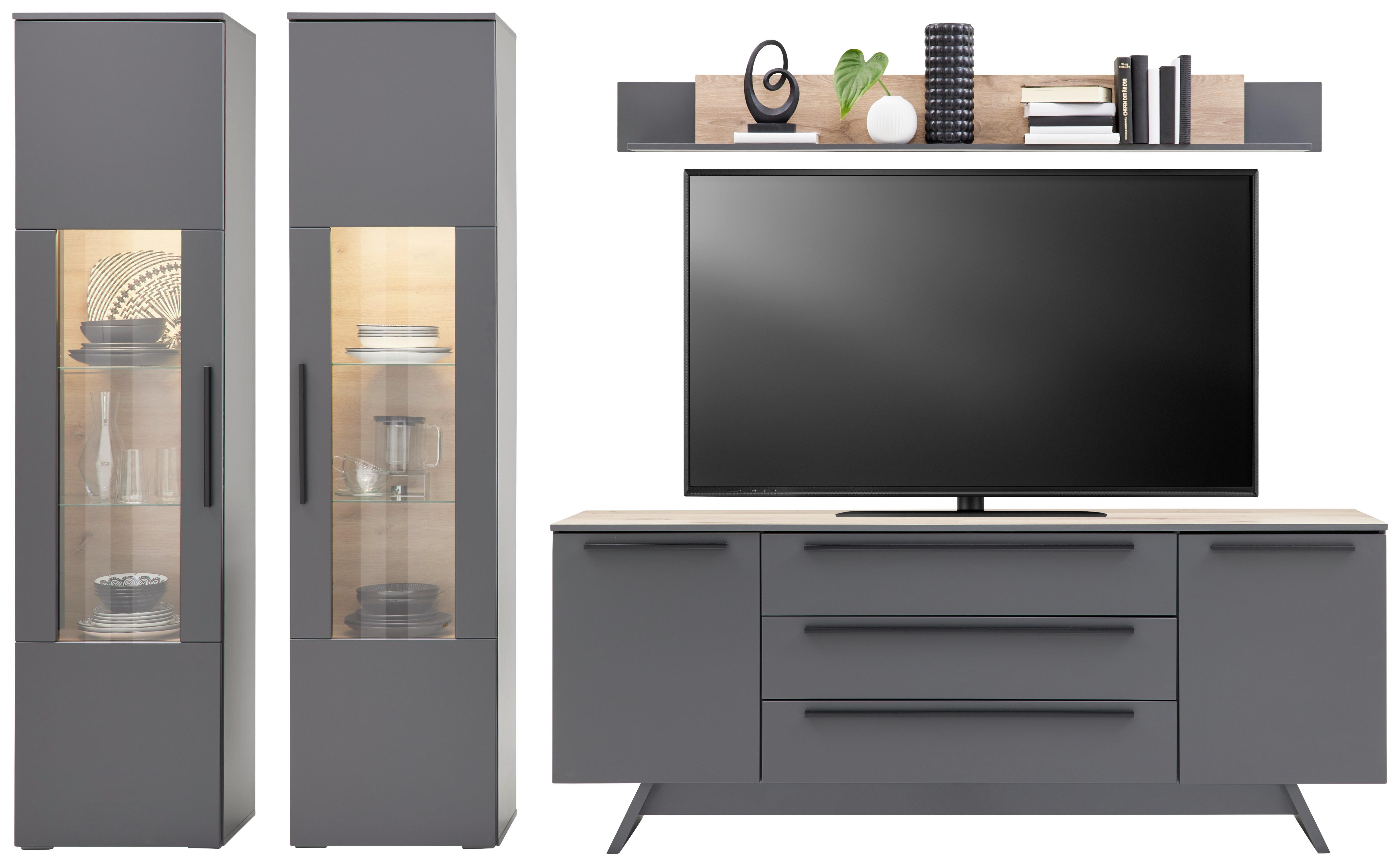 Wohnkombination 4-tlg. Atlanta Grau/Eiche Dekor - Eichefarben/Silberfarben, MODERN, Glas/Holzwerkstoff (300,3/203,2/46,2cm)