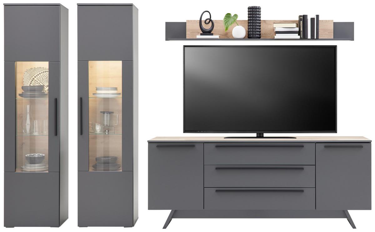 Wohnkombination 4-Tlg. Atlanta Grau/Eiche Dekor - Eichefarben/Silberfarben, MODERN, Glas/Holzwerkstoff (300,3/203,2/46,2cm)