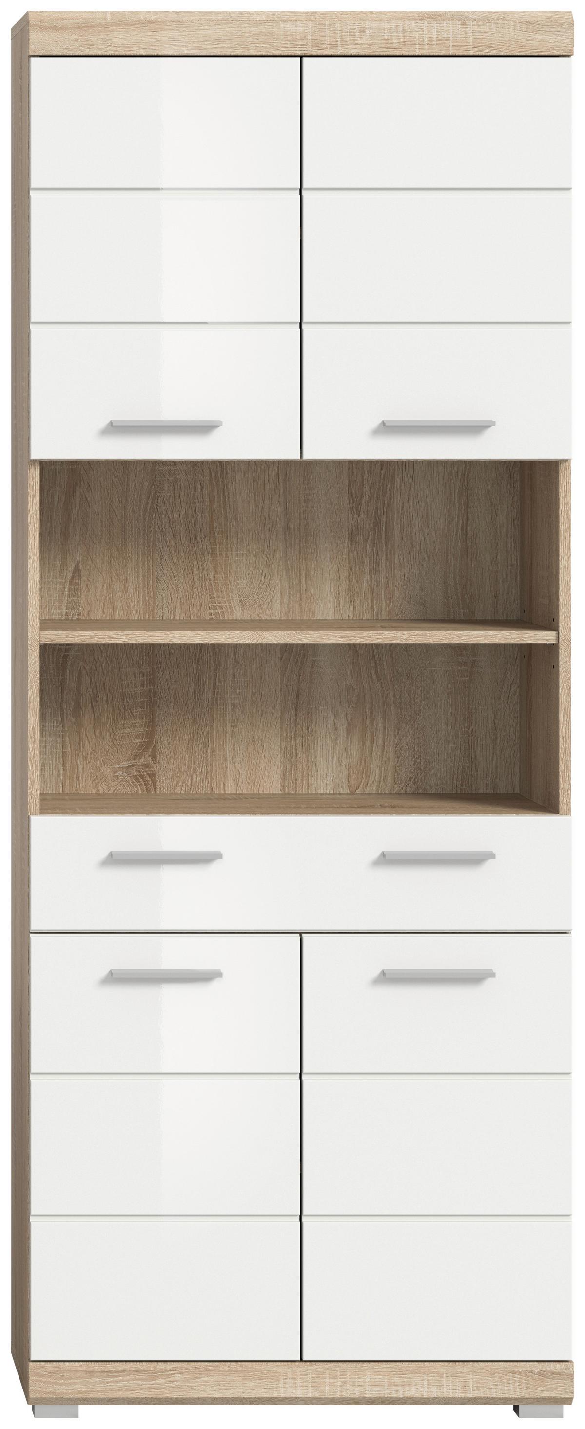 Hochschrank Lambada Weiß Hg Sonoma Eiche Dekor - Weiß Hochglanz/Silberfarben, MODERN, Holzwerkstoff (74/191/31cm) - MID.YOU