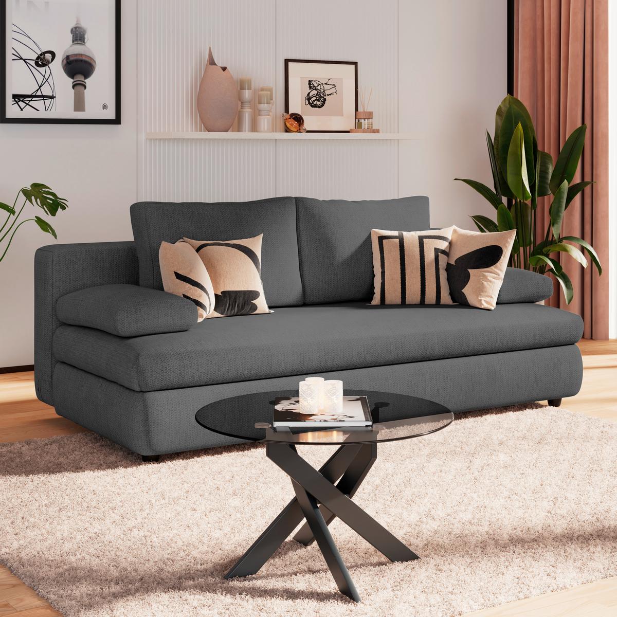 3-sitzer-sofa Mit Schlaffunktion Olso Dunkelgrau - Dunkelgrau/Schwarz, Trend, Holz/Kunststoff (205/72/100cm)