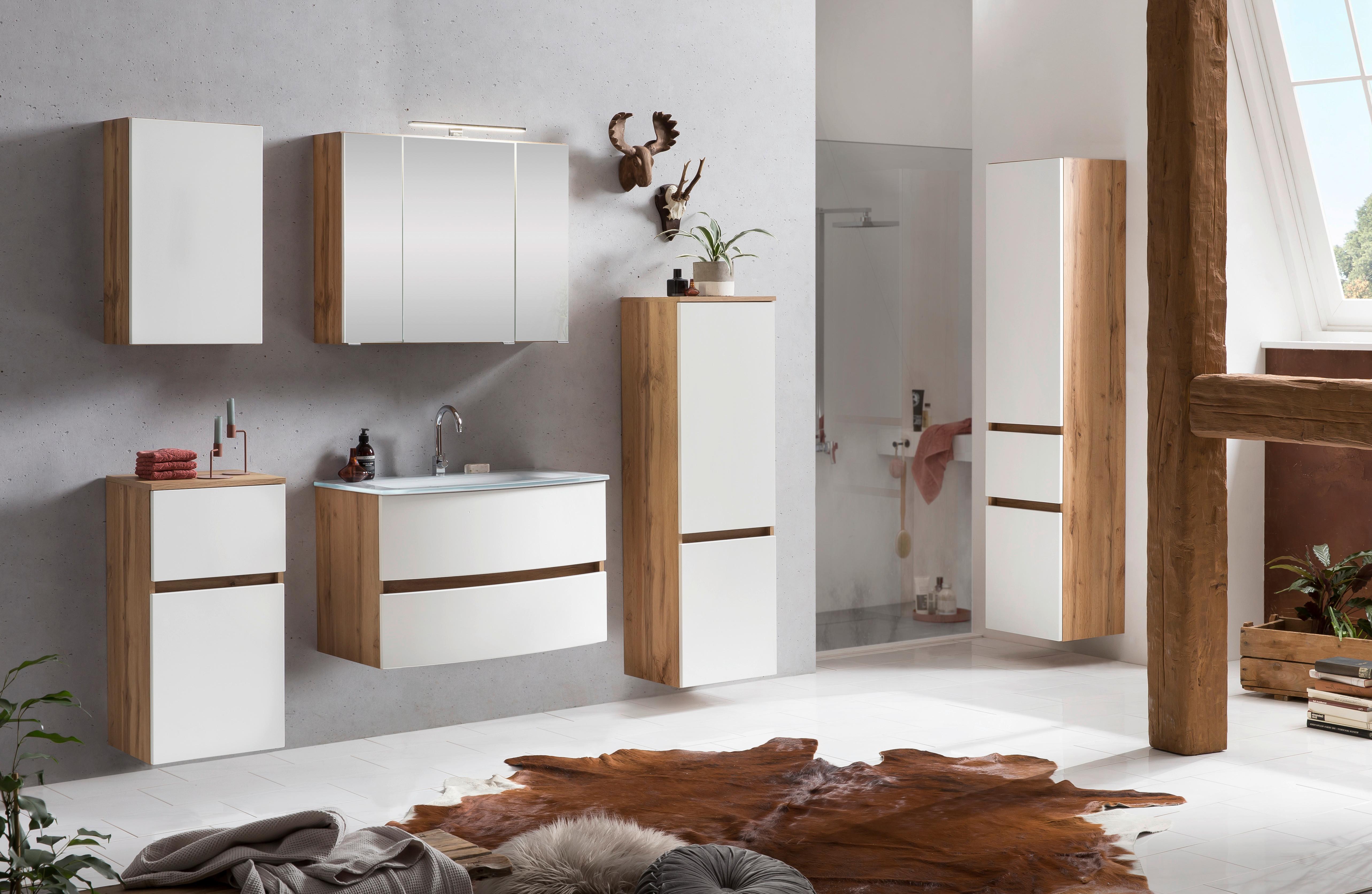 Waschbecken mit Unterschrank Kopenhagen B: 80cm Weiß - Eichefarben/Weiß, KONVENTIONELL, Glas/Holzwerkstoff (80cm) - Held