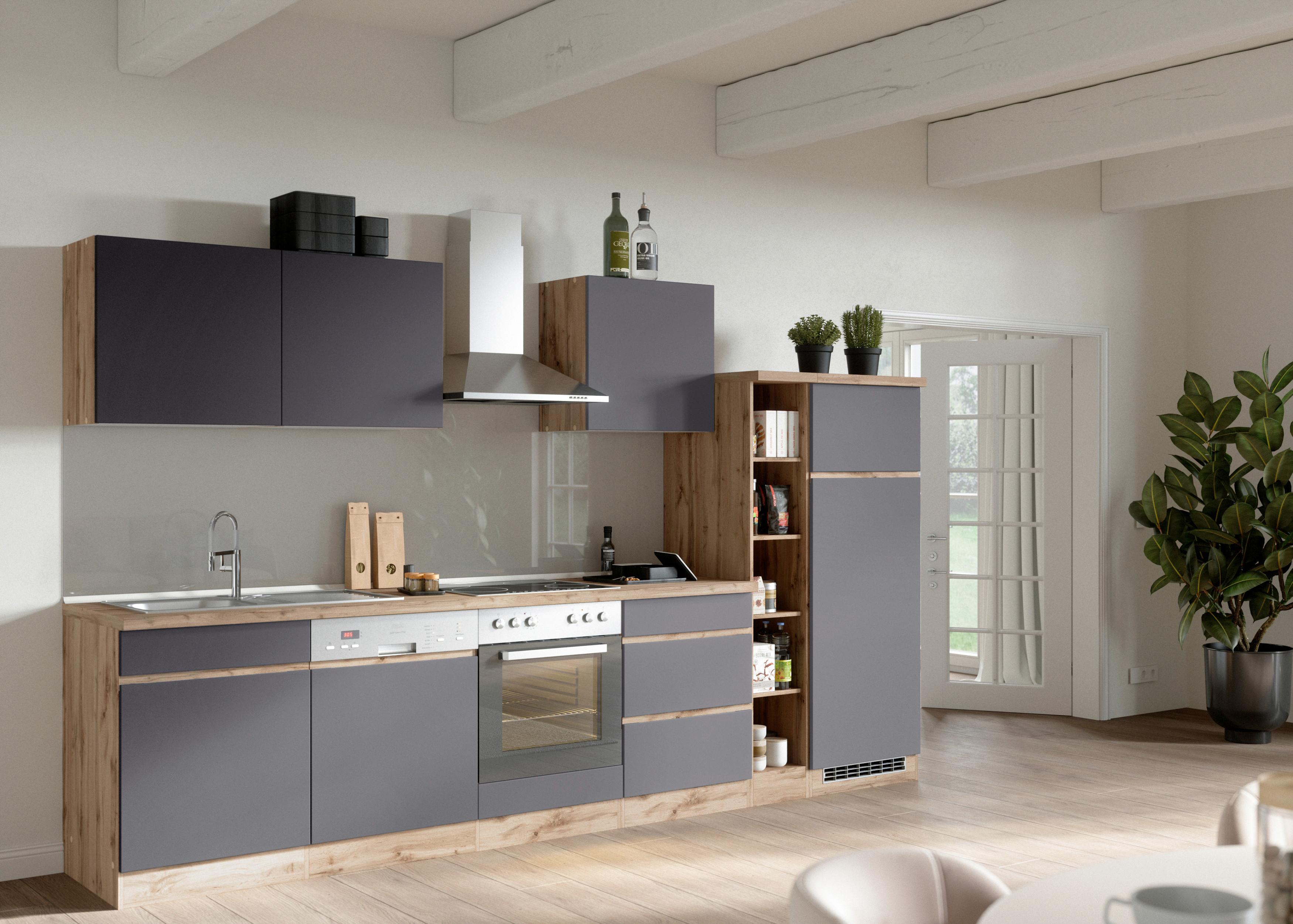 Küchenzeile Turin ohne Geräte B: 330cm Grau/Wotaneiche Dekor - Eiche Wotan/Grau, Design, Holzwerkstoff (330cm) - Held