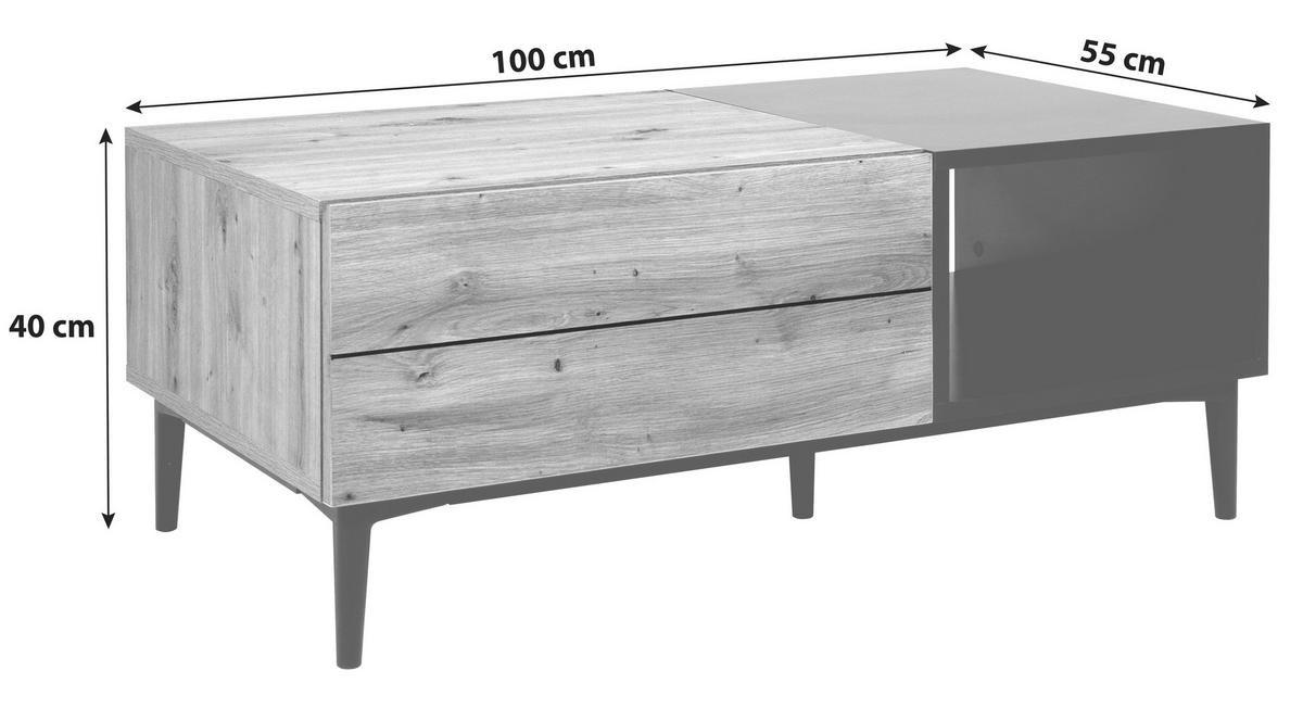 Couchtisch Mit Schublade Und Fach Nola, Eichefarben/schwarz - Eichefarben/Schwarz, KONVENTIONELL, Holzwerkstoff/Kunststoff (100/55/40cm) - MID.YOU