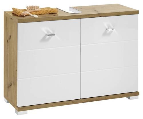 Waschbeckenunterschrank Pool B: 80 Cm Eiche Dekor Stehend - Weiß Hochglanz/Silberfarben, KONVENTIONELL, Holzwerkstoff (80/57/31cm) - Livetastic