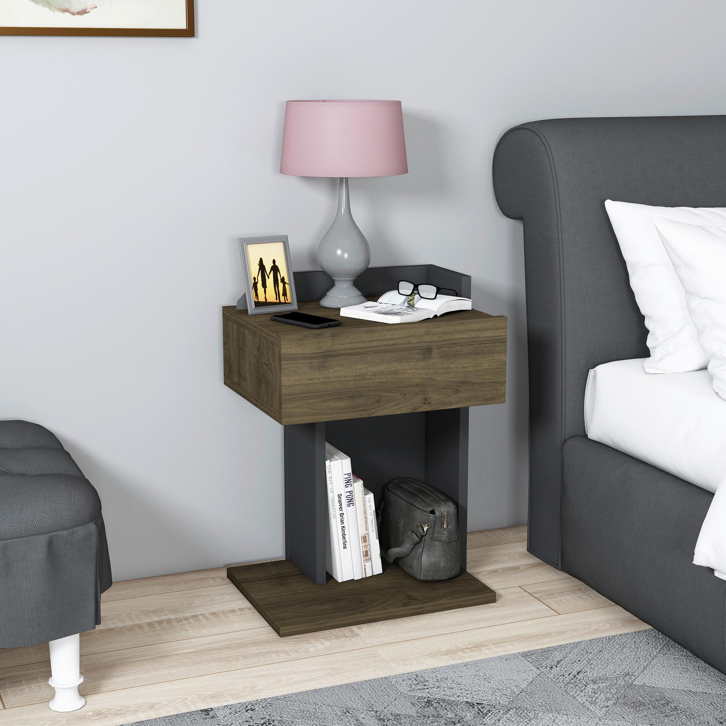 Nachtkästchen, Anthrazit, Walnuss Dekor, H: 55 Cm - Anthrazit/Walnussfarben, Design, Holzwerkstoff (41,4/55/33,2cm) - MID.YOU