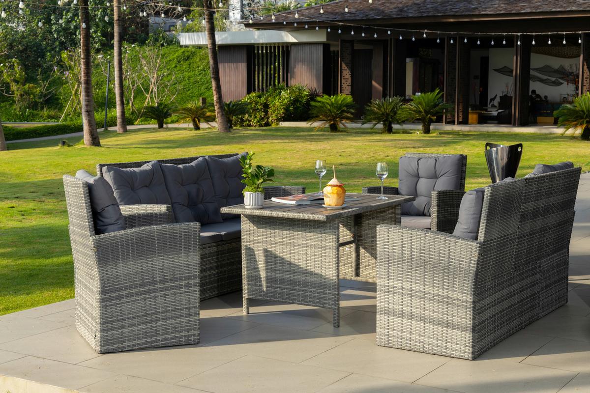 Loungegarnitur 5-tlg. Hadwin, Kunststoffgeflecht Mit Kissen - Dunkelgrau/Grau, MODERN, Holzwerkstoff/Kunststoff (120/70/66cm) - Luca Bessoni