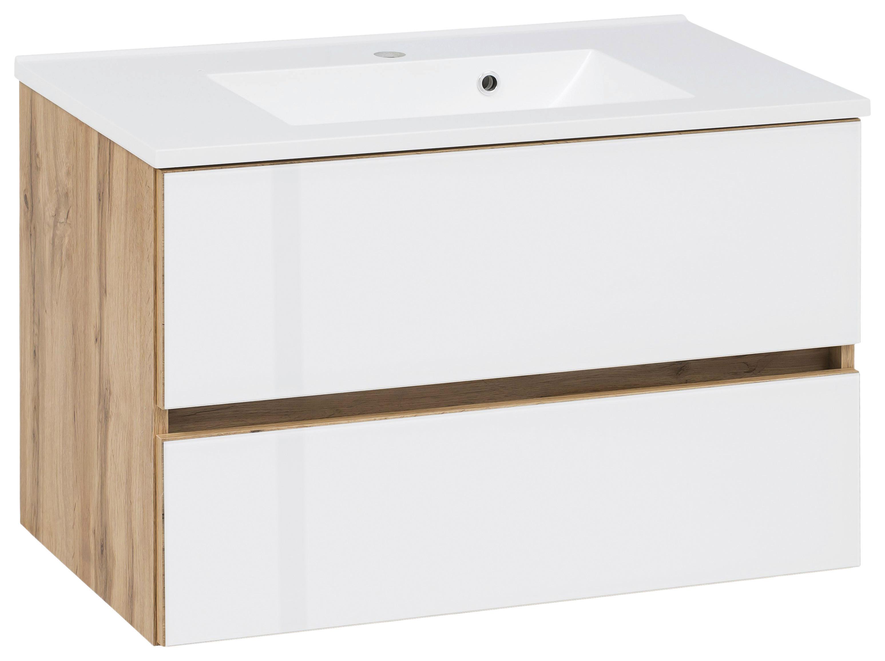 Waschbecken mit Unterschrank B: 80 cm Weiß/Eiche Dekor - Eichefarben/Weiß, KONVENTIONELL, Glas/Holzwerkstoff (80cm) - Held