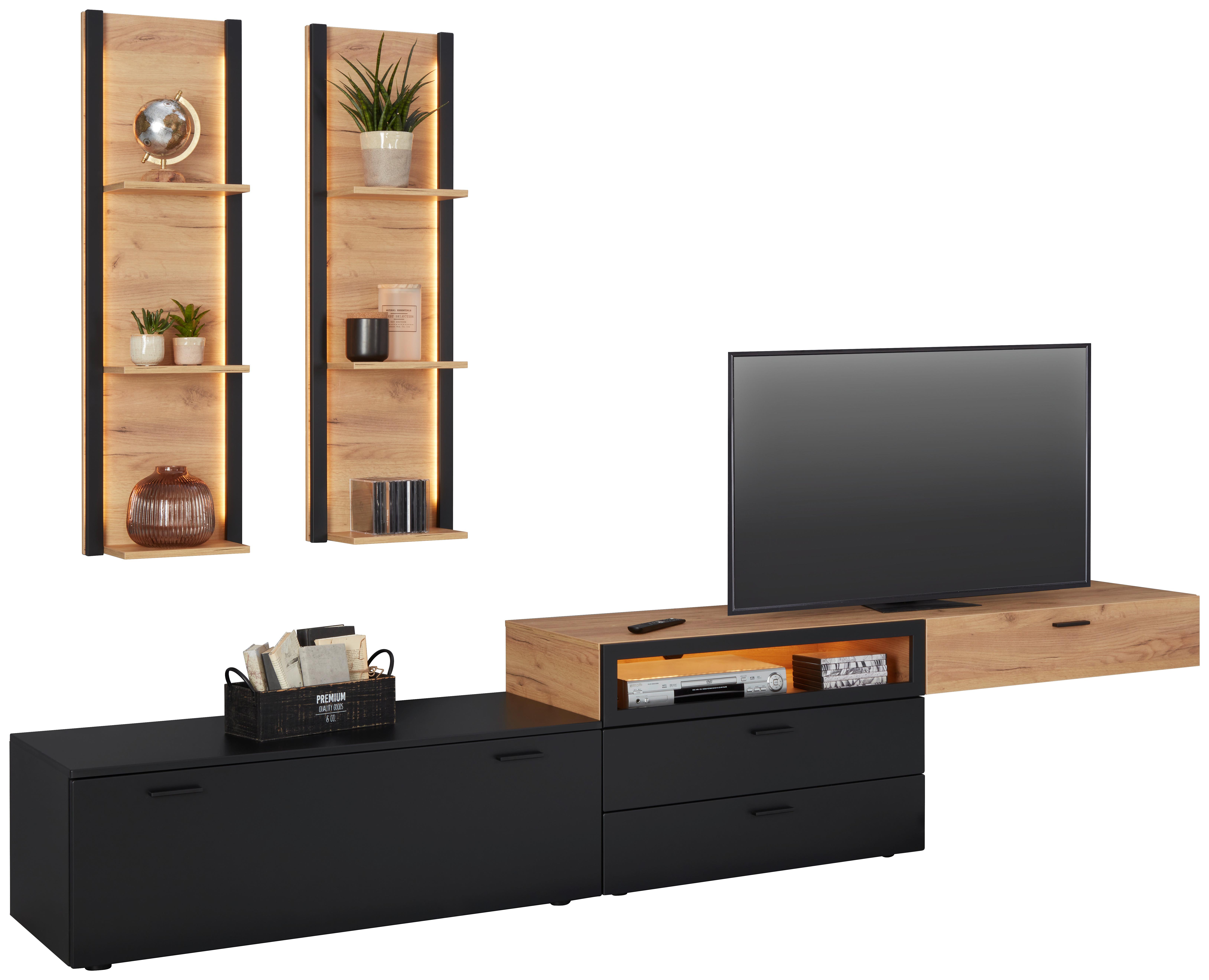 Obývací Stěna Uno - černá/barvy dubu, Moderní, kov/kompozitní dřevo (300/210/50cm) - Modern Living