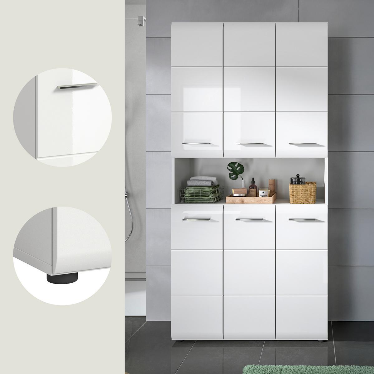 Hochschrank Ice Weiß Hg B: 90 Cm - Weiß Hochglanz/Schwarz, MODERN, Holzwerkstoff (90/185/30cm) - MID.YOU