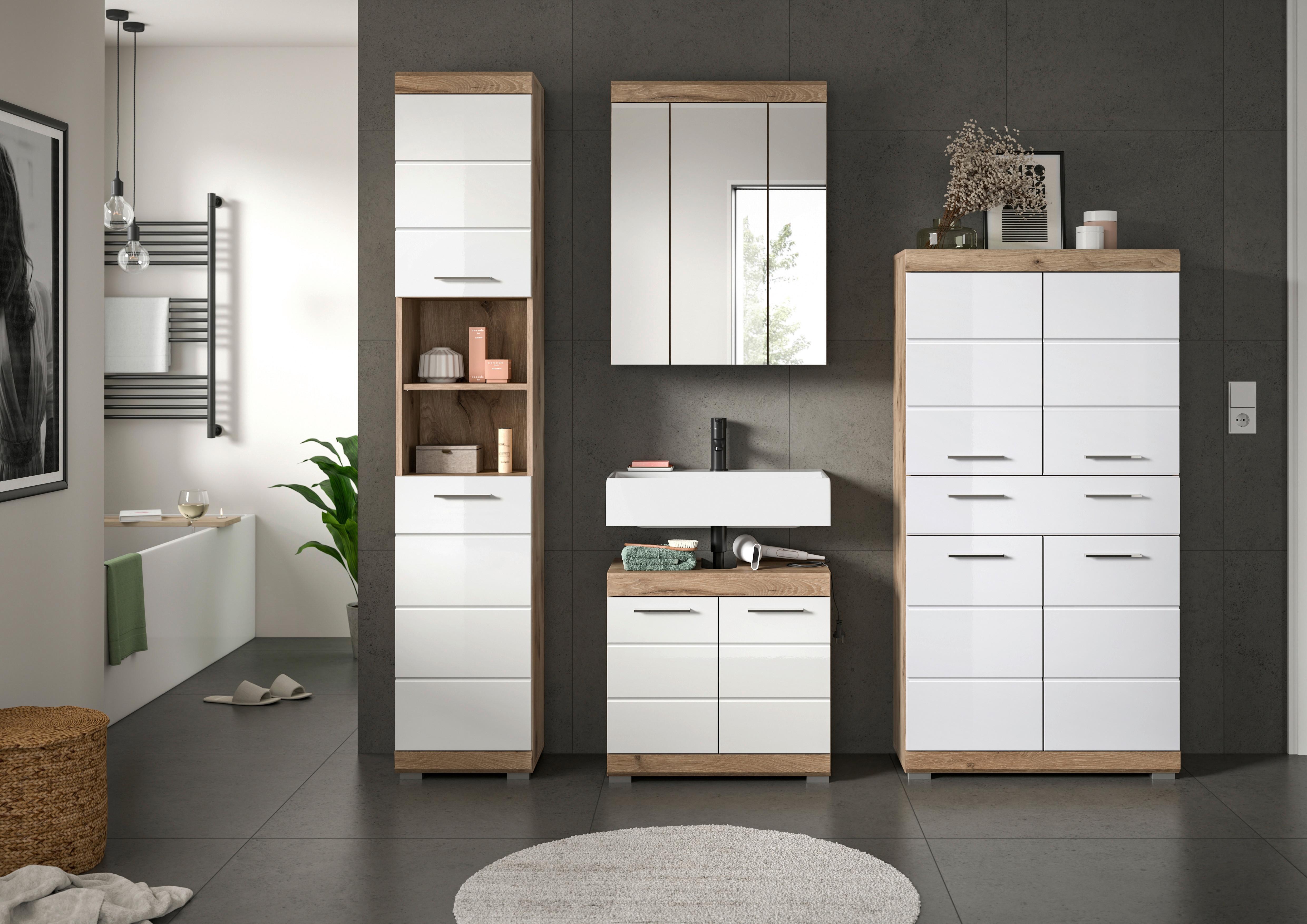 Badezimmer Wave Eichefarben Dekor Weiß Hg - Weiß Hochglanz/Eichefarben, MODERN, Glas/Holzwerkstoff (171cm) - MID.YOU