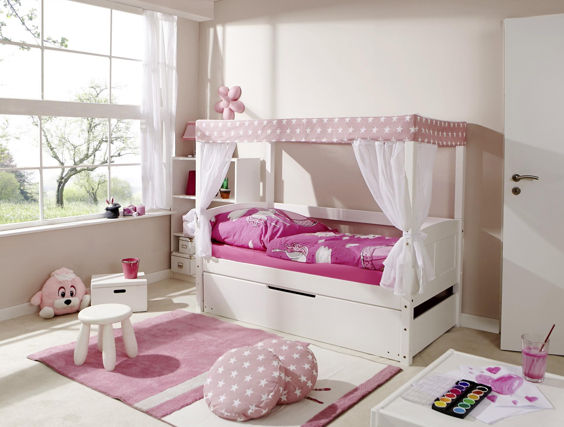 Detská posteľ s nebesami LINO MINI záves ružovo-biely - biela/ružová, Modern, drevo (80/160cm) - MID.YOU