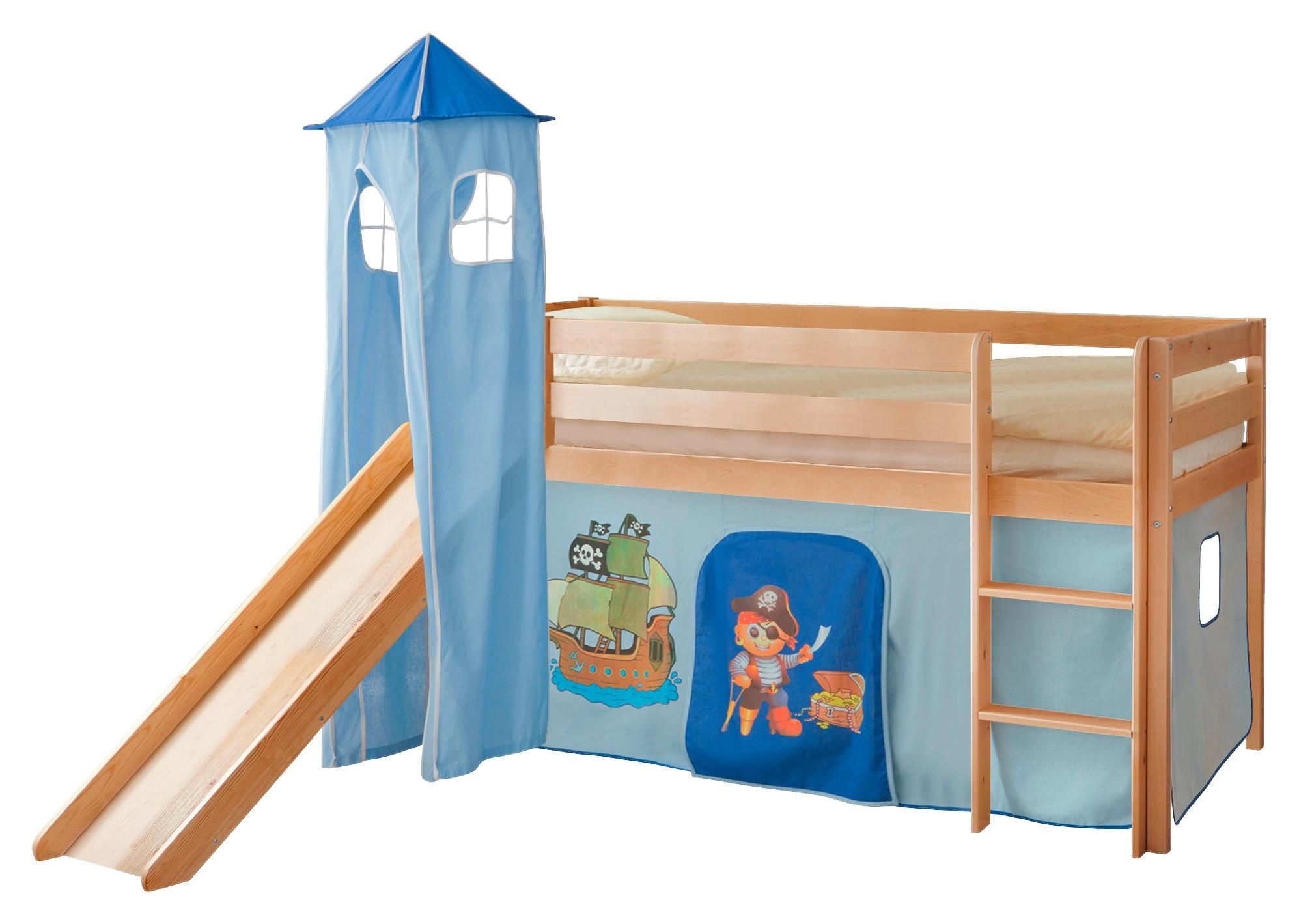 Spielbett Kasper Blau Kiefer Massiv 90 Cm Rutsche Turm - Blau/Kieferfarben, Natur, Holz (90/200cm) - MID.YOU