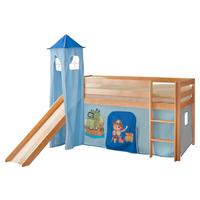 Spielbett Kasper Blau Kiefer Massiv 90 Cm Rutsche Turm - Blau/Kieferfarben, Natur, Holz (90/200cm) - MID.YOU