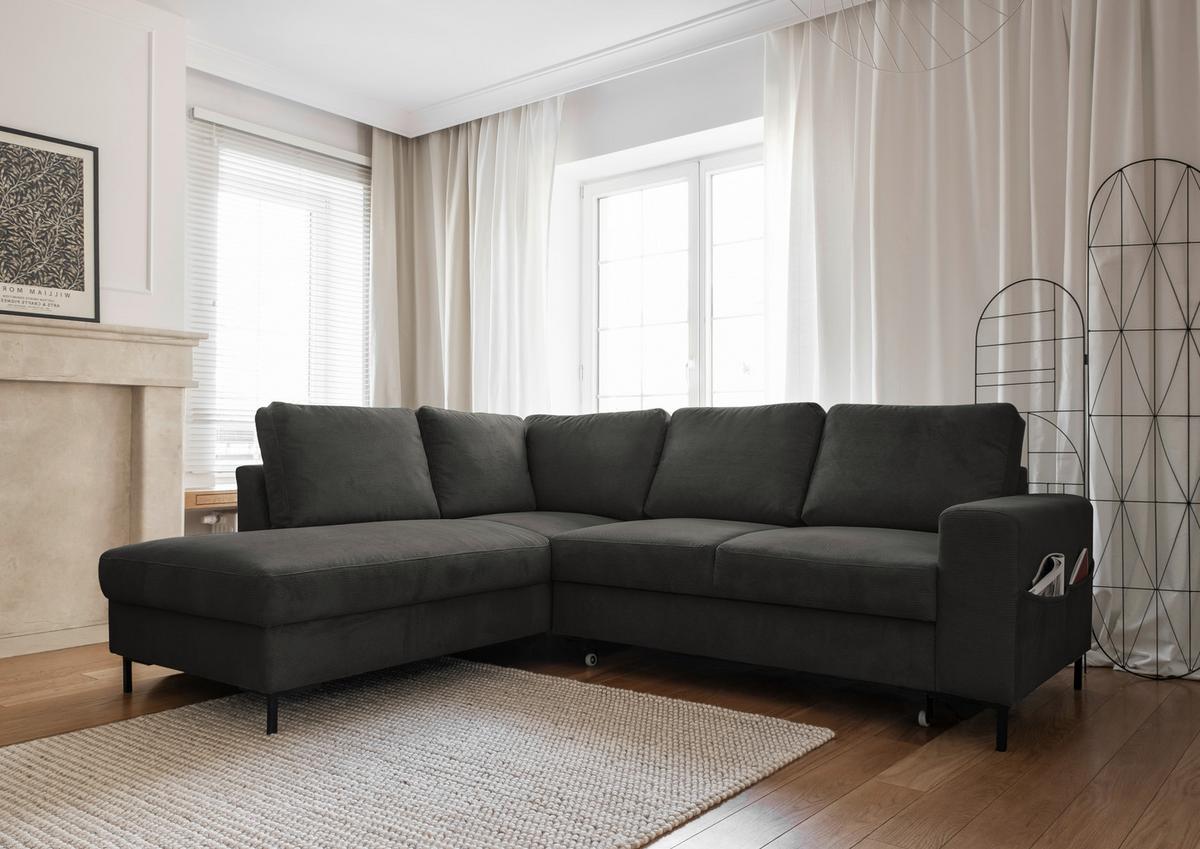 Sedačka LEONIE L, ľavá, sivý menčester - čierna/sivá, Design, kov/drevo (197/237cm)