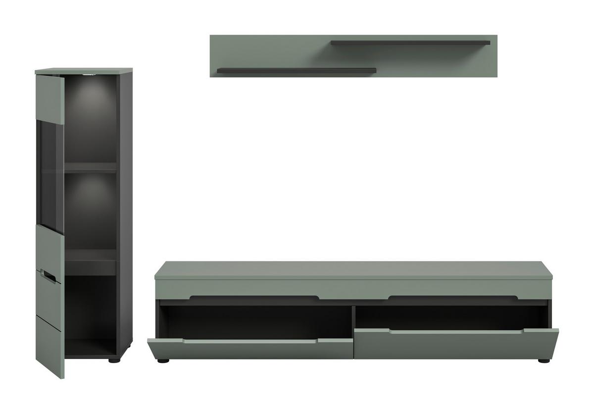 WOHNWAND Canu Graugrün B: 221cm - Schwarz/Graugrün, Design, Holzwerkstoff (221/141/33cm) - Livetastic