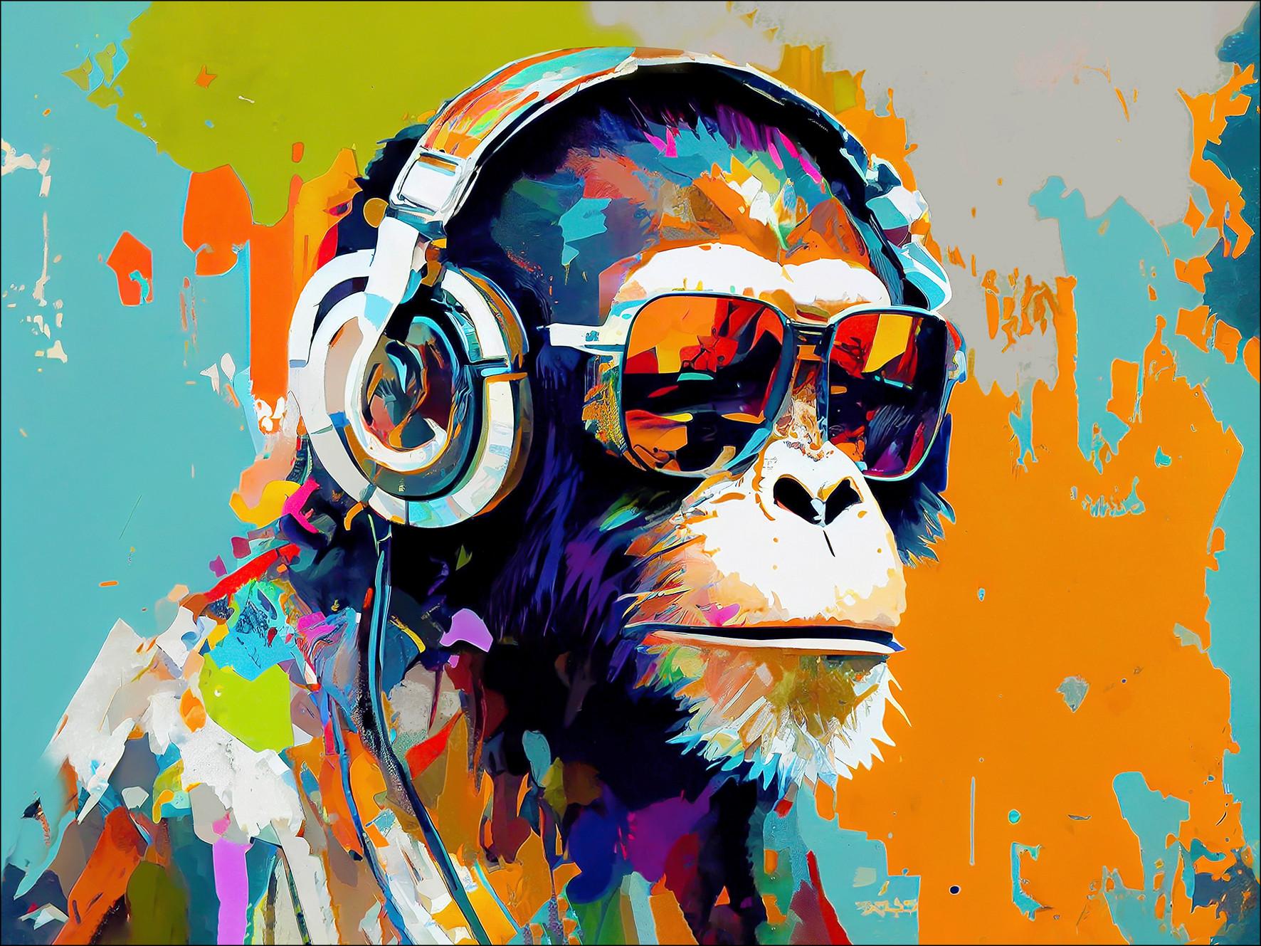 Leinwandbild Animals With Headphones I  116x84 cm - Türkis/Orange, Basics, Holzwerkstoff/Papier (116,00/84,00/2,40cm)