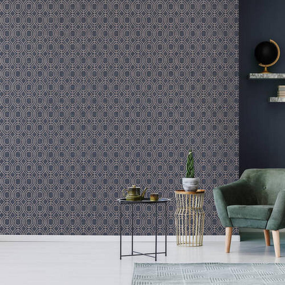 Vliestapete Luxus-Geo, Navy Blau - Dunkelblau, Basics, Papier/Kunststoff (52/1000cm)
