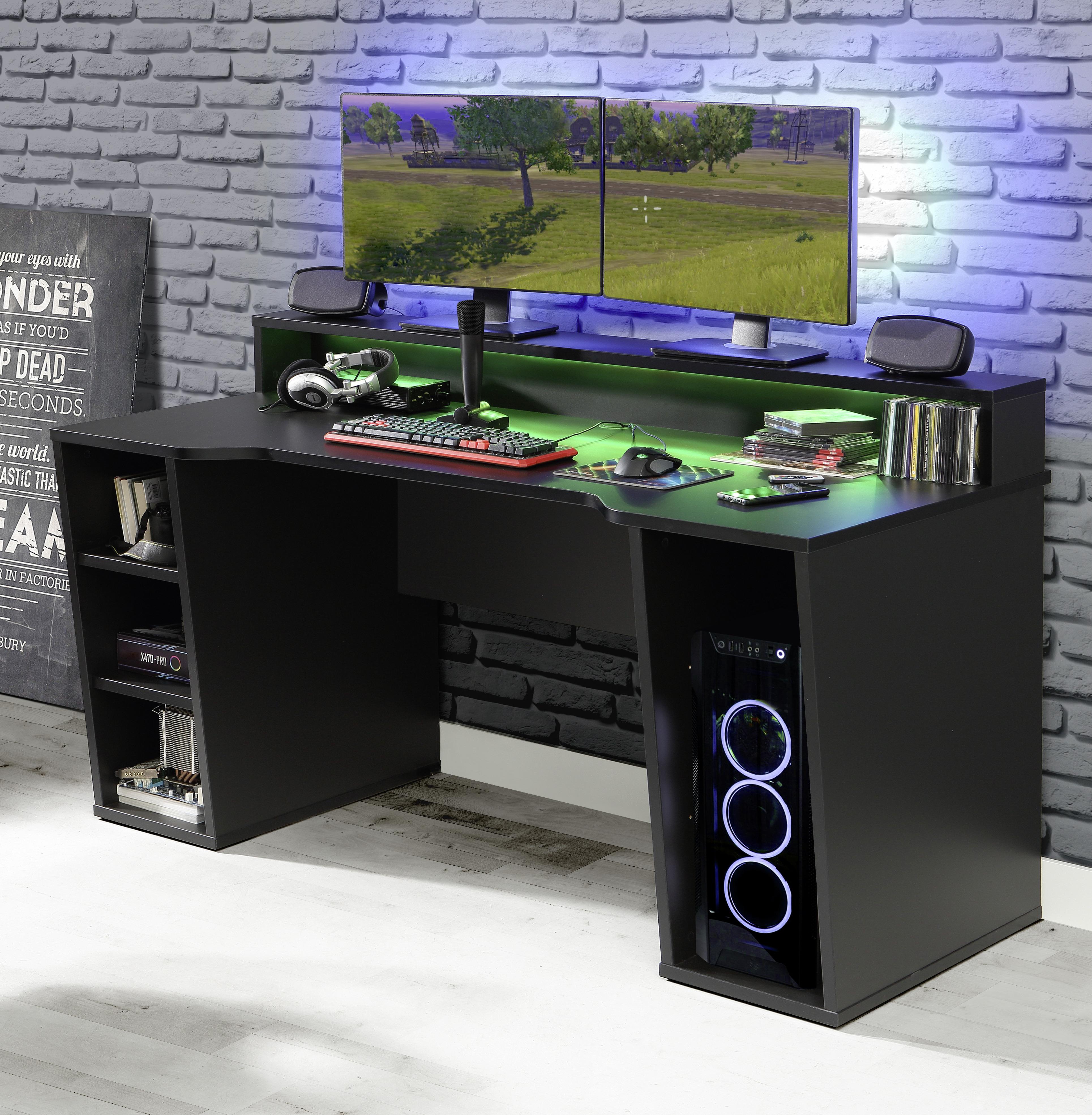 Gaming Tisch mit Stauraum und Aufsatz B 160cm H 91cm Tezaur - Schwarz, MODERN, Holzwerkstoff/Kunststoff (160/72/91cm) - MID.YOU