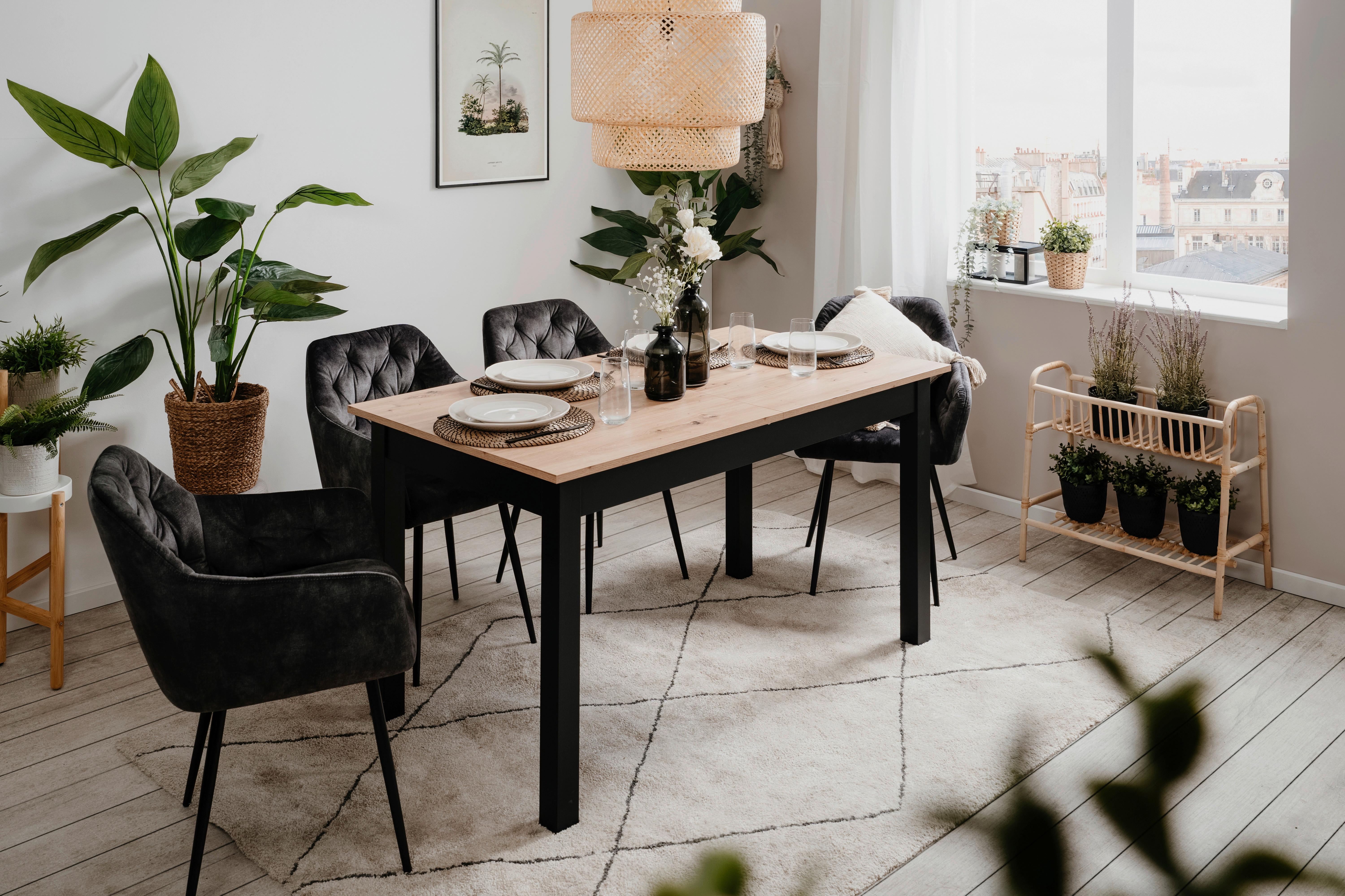 Esstisch rechteckig COBURG aus Holz Dekor in Eiche und Schwarz ausziehbar