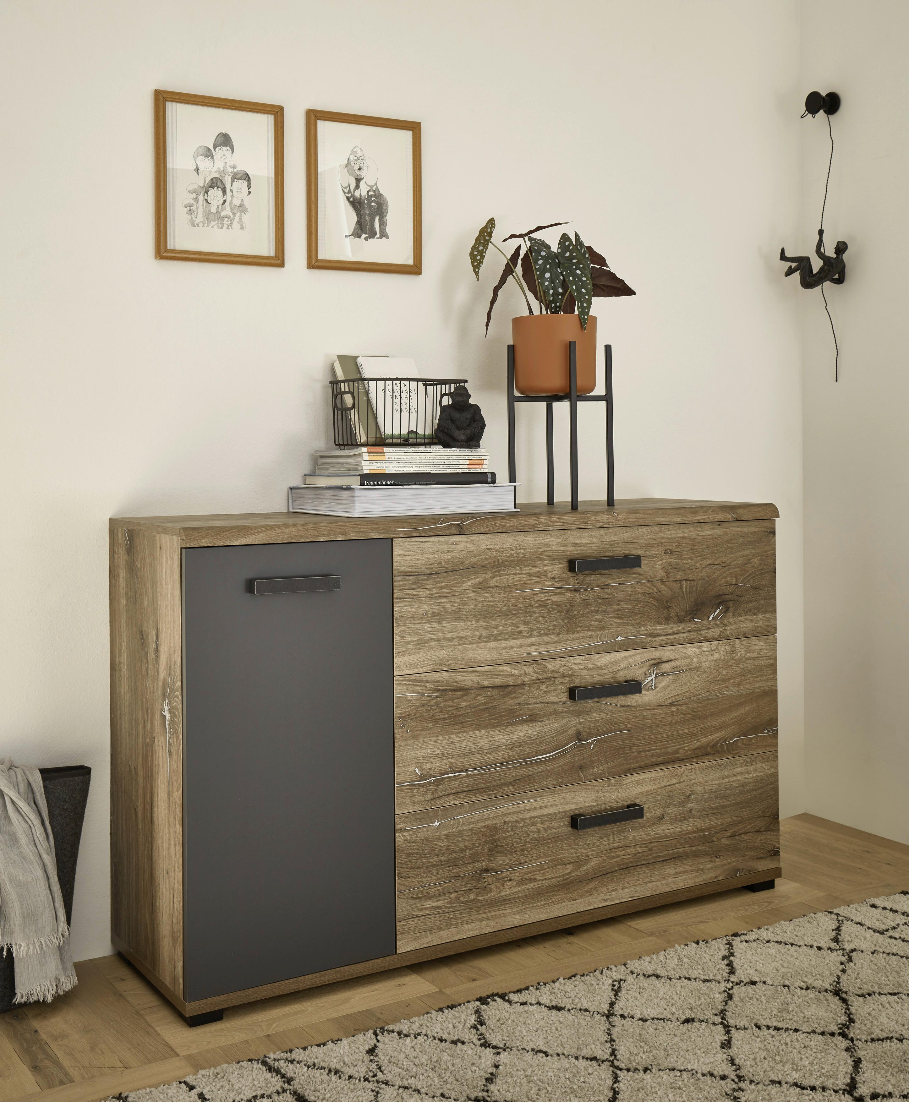 Kommode B: 136 cm Lorena, Eiche Dekor/Graphitfarben - Eichefarben/Schwarz, MODERN, Holzwerkstoff (136/84/42cm) - Livetastic