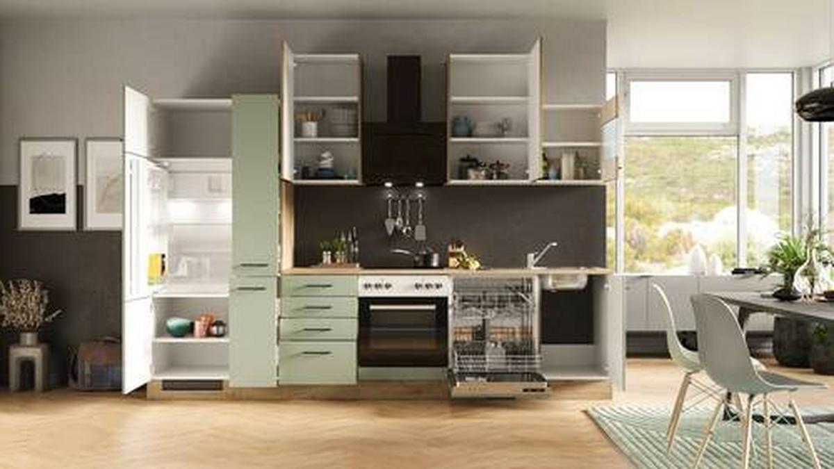 Küchenblock Cara Eiche Artisan/Grün B: 310 cm - Eiche Artisan/Grün, MODERN, Holzwerkstoff (310cm) - FlexWell