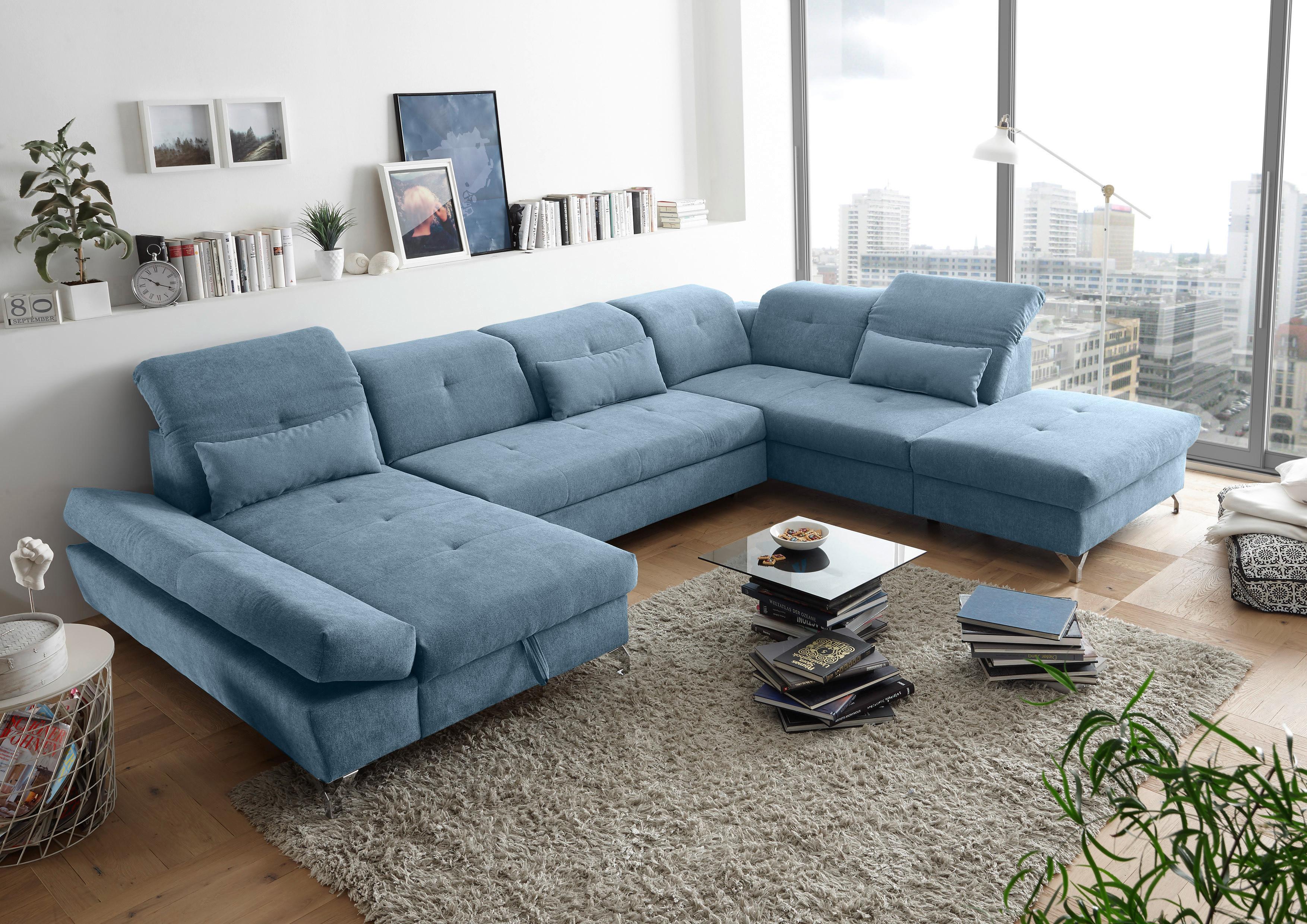 Ecksofa Melfi Blau U: 168 Cm - Blau/Silberfarben, MODERN, Textil (168/350/245cm) - MID.YOU