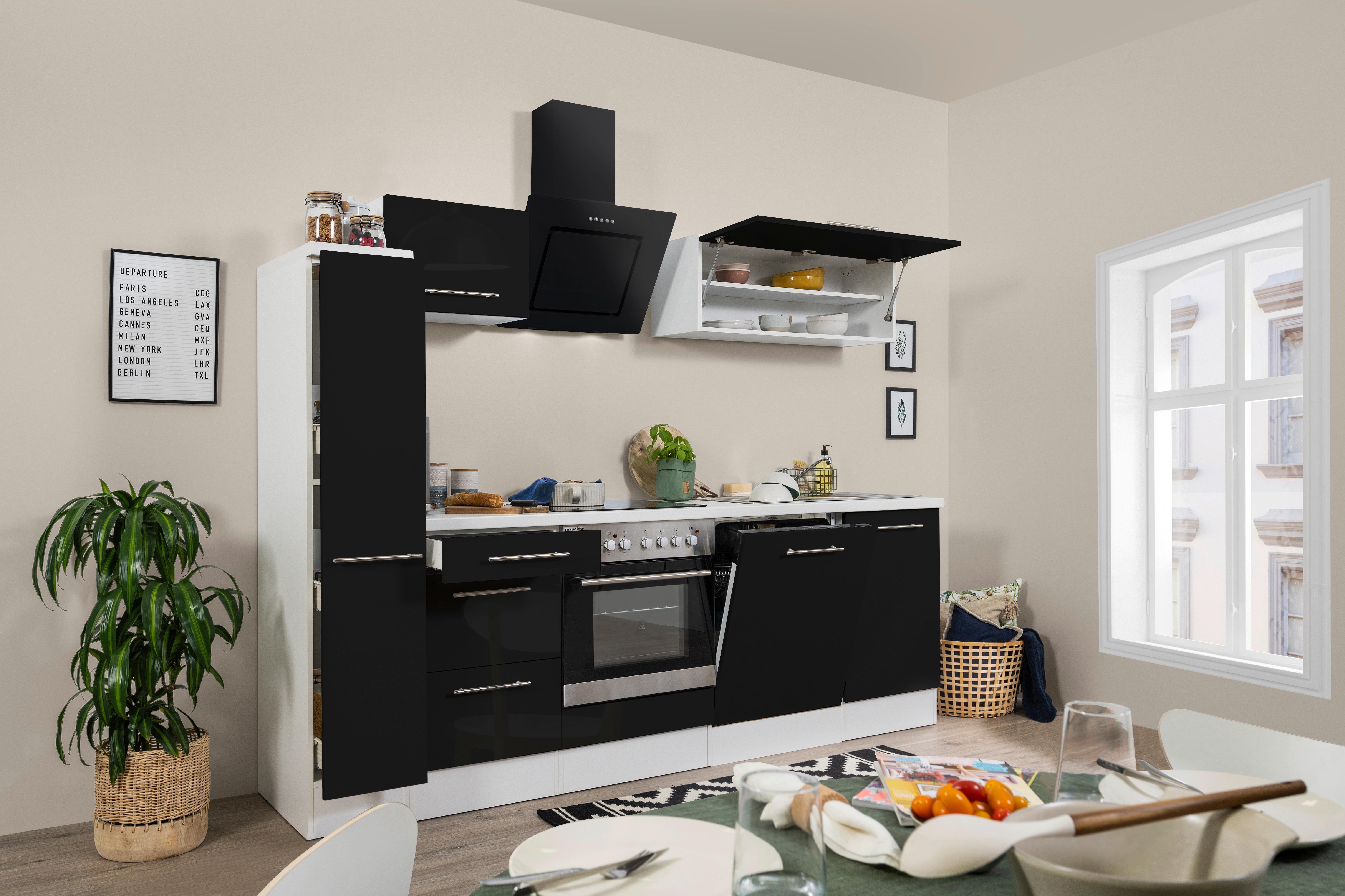 Küchenzeile Rp250wsc mit Geräte 250 cm Schwarz/Weiß - Schwarz/Weiß, KONVENTIONELL, Holzwerkstoff (250cm) - Respekta