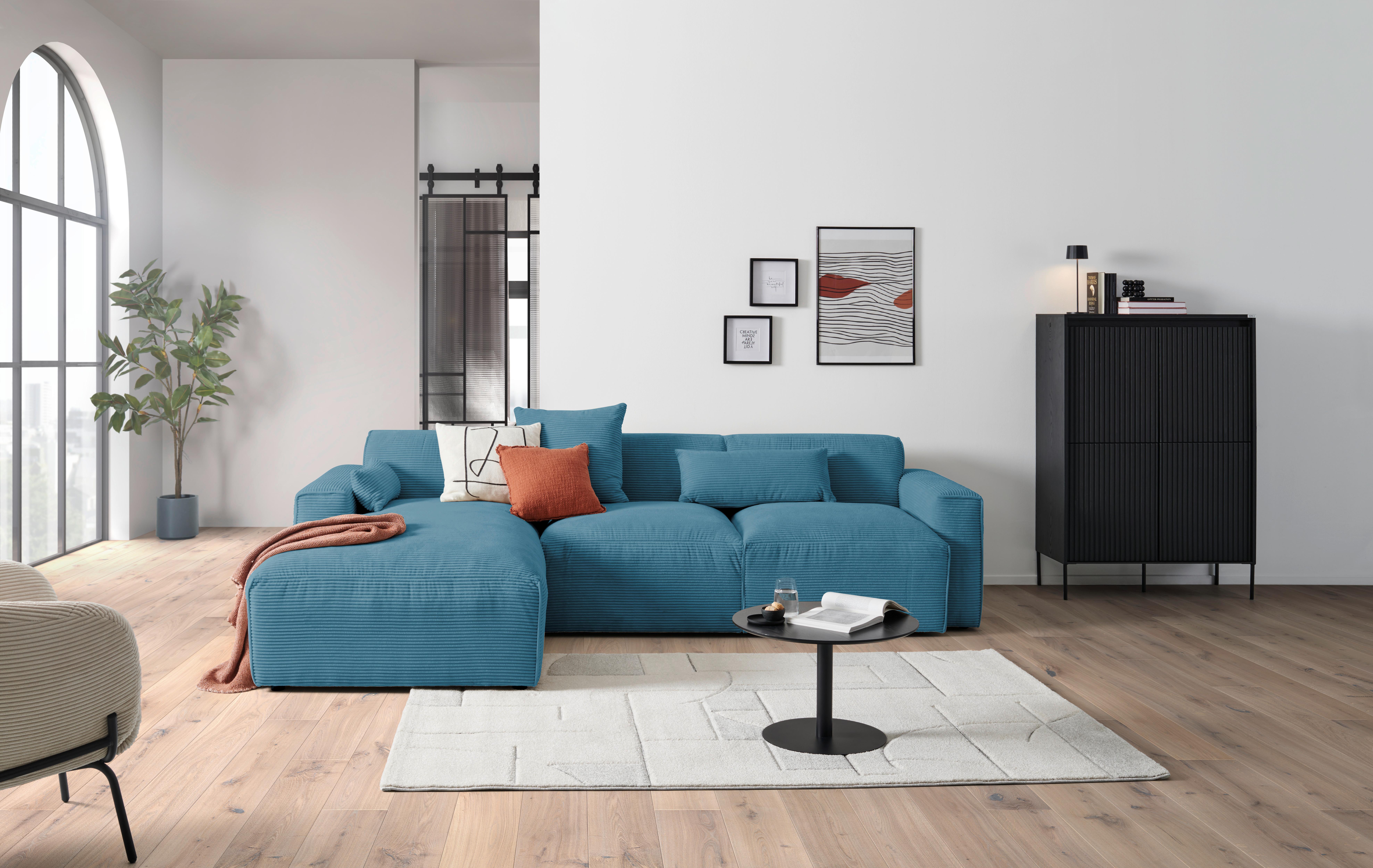 Ecksofa mit Zierkissen Pearl Hellblau 196x303 cm - Schwarz/Hellblau, Design, Textil (196/303cm) - Livetastic