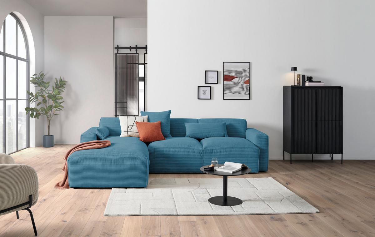 Ecksofa mit Zierkissen Pearl Hellblau 196x303 cm - Schwarz/Hellblau, Design, Textil (196/303cm) - Livetastic