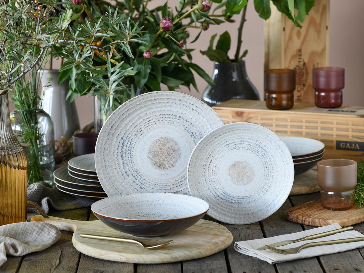 Tafelservice Neapel Offwhite Steinzeug, 4 Pers., 12-teilig - Creme/Braun, Basics, Keramik - Creatable