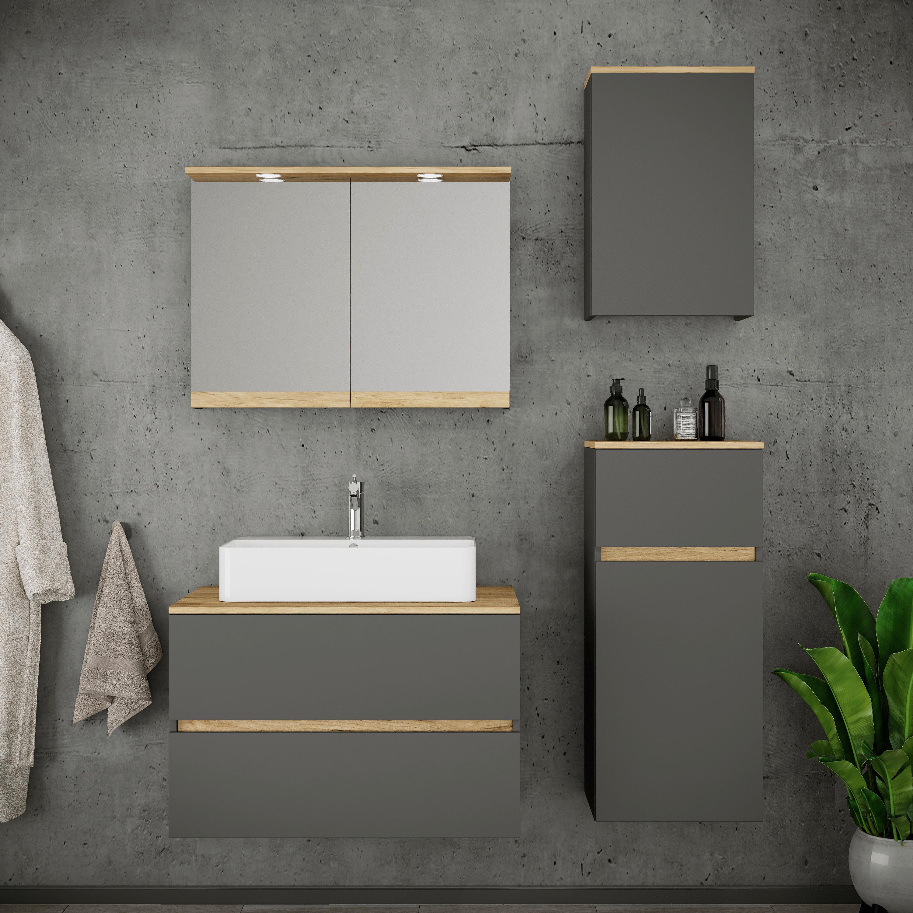 Fürdőszobabútor Cosila - méztölgy színű/antracit, Trend, faalapú anyag/kerámia (120cm) - MID.YOU
