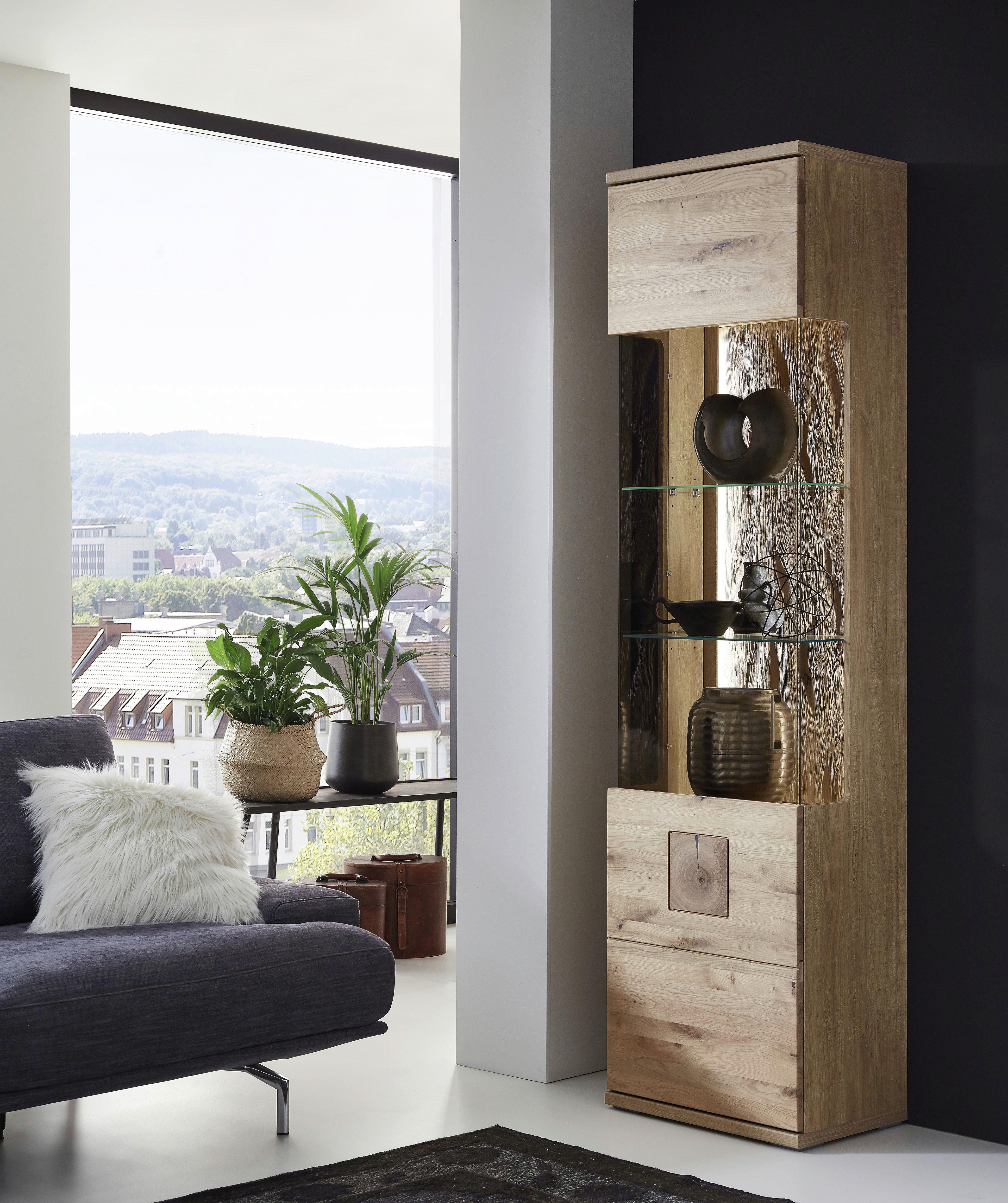 Vitrine Kansas - Alteiche/Silberfarben, KONVENTIONELL, Glas/Holz (55/208,6/37,4cm) - Livetastic