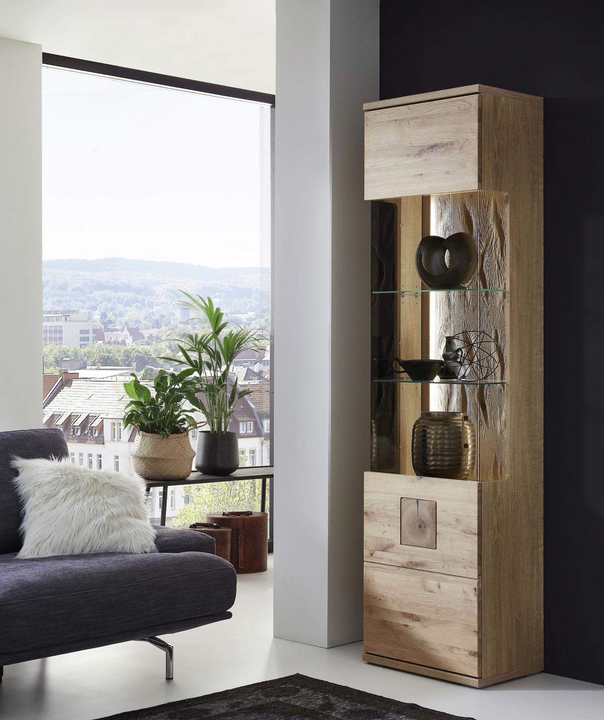 Vitrine Kansas - Alteiche/Silberfarben, KONVENTIONELL, Glas/Holz (55/208,6/37,4cm) - Livetastic