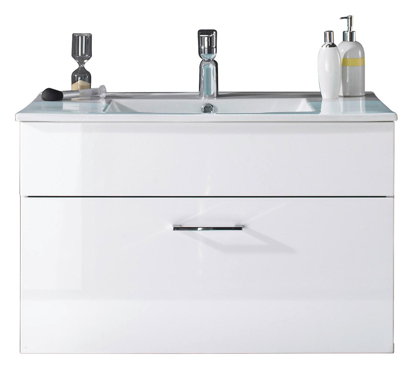 Waschbecken mit Unterschrank B: 80 cm, Weiß Hochglanz - Weiß, Design, Holzwerkstoff/Stein (80cm) - MID.YOU