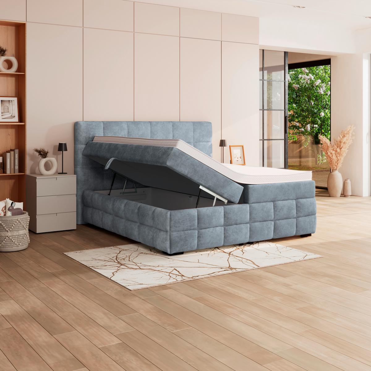 Čalouněná postel VEGA 180x200 cm, světle modrá - černá/světle modrá, Trend, dřevo/textil (180/200cm)