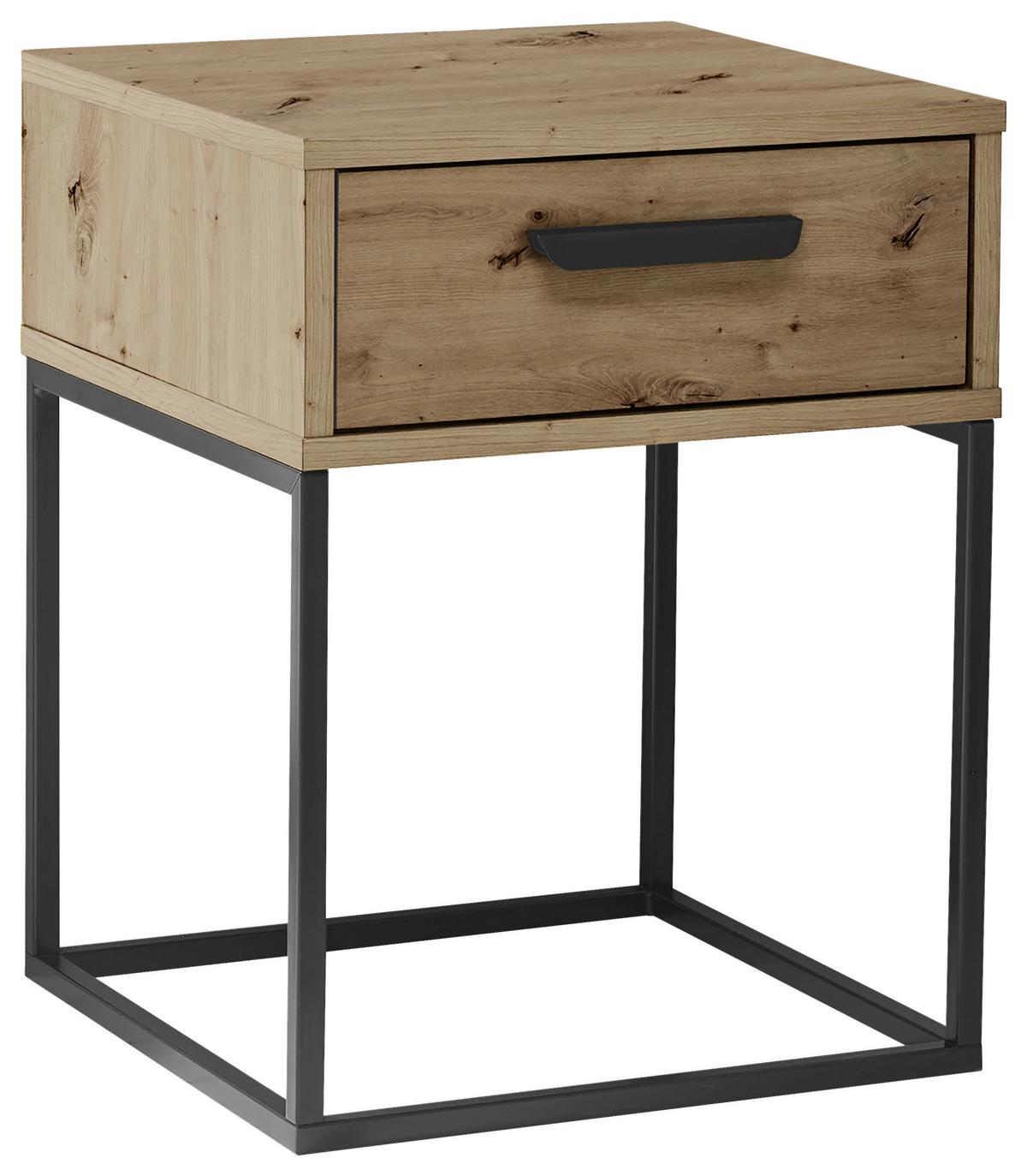 Nočný stolík SUNA 1 zásuvka dekor dub Artisan - čierna/dub artisan, Modern, kov/kompozitné drevo (40/52/38,5cm)