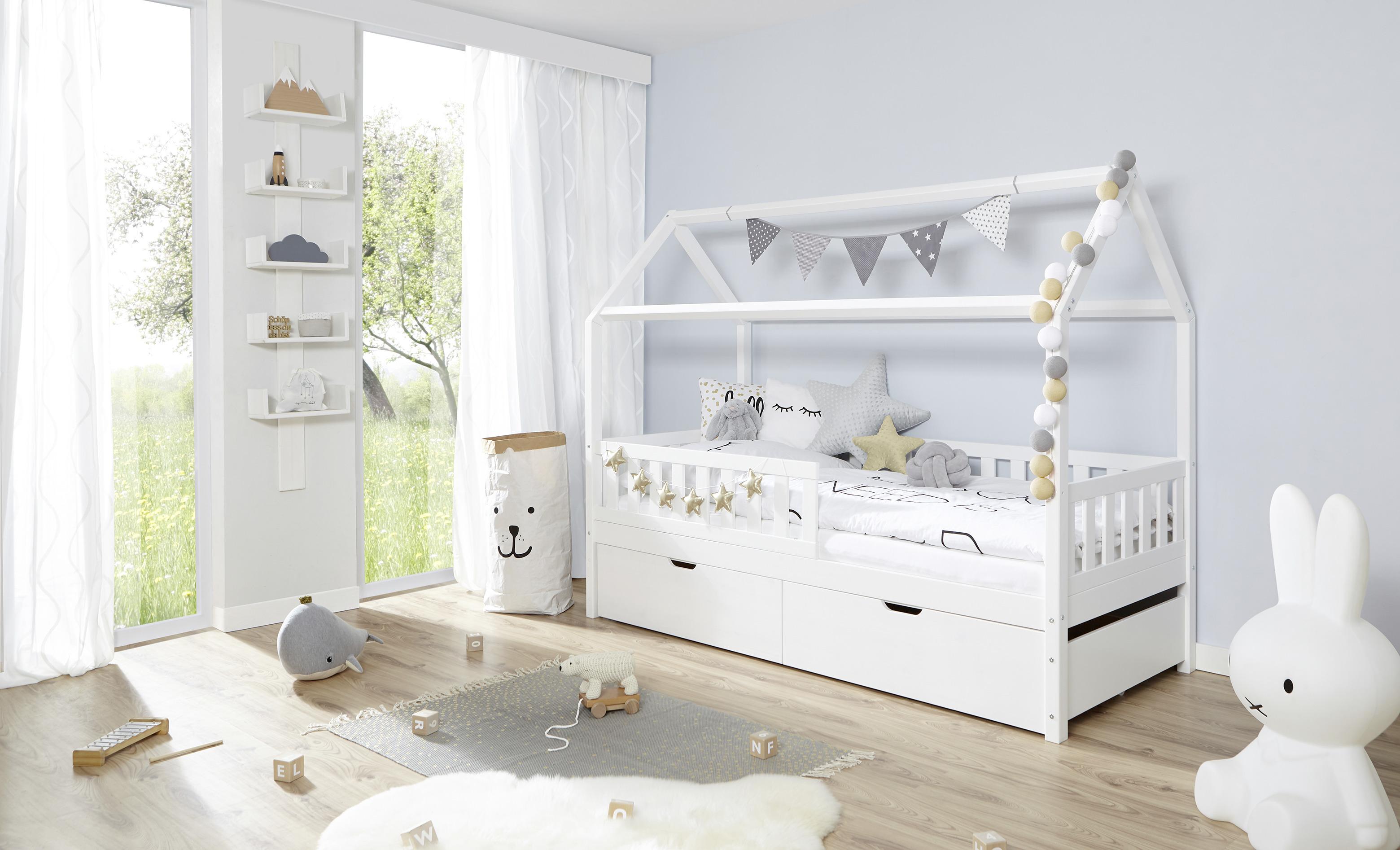 Hausbett 200x90 cm Weiß mit Stauraum