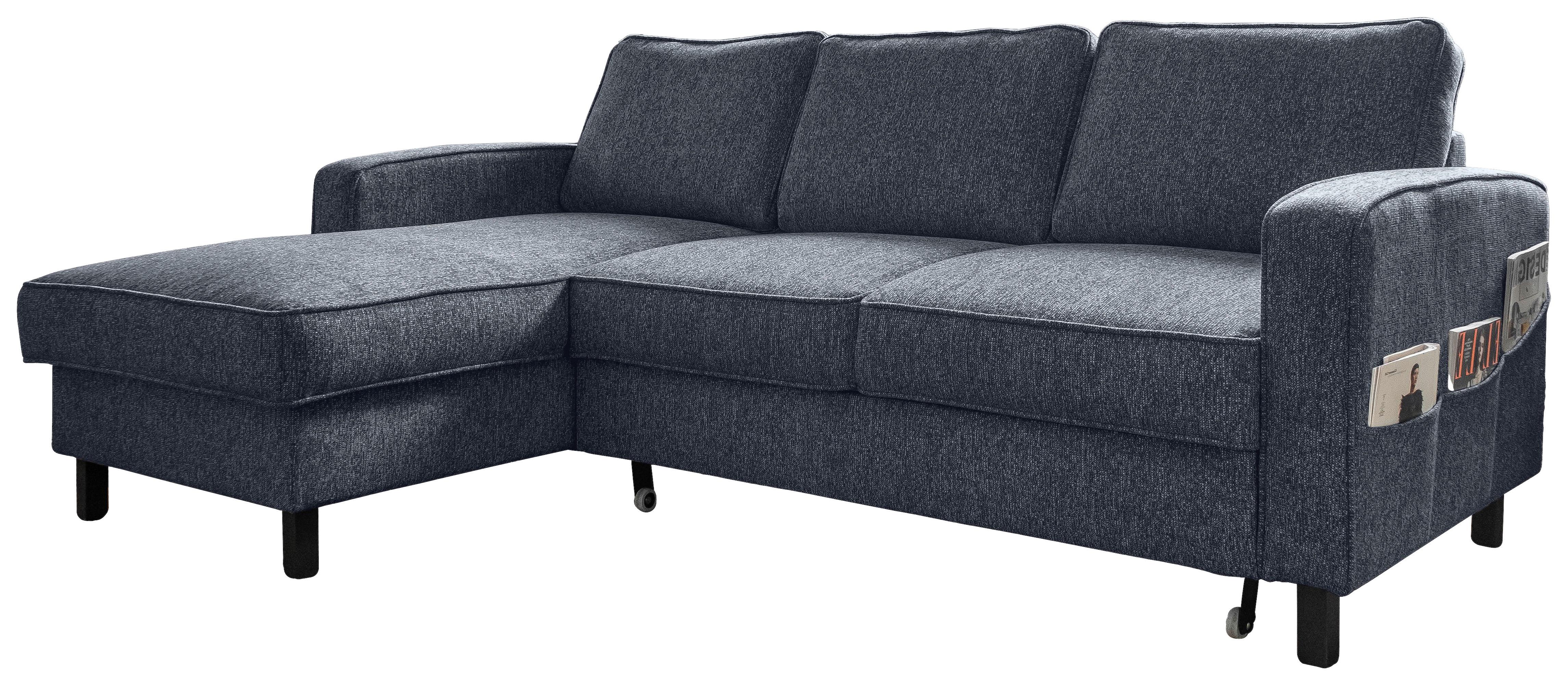 Sedačka MELANIE S, levá, tm.modrá, úl.prostor a lůžko - černá/tmavě modrá, dřevo/textil (148/228cm) - MID.YOU