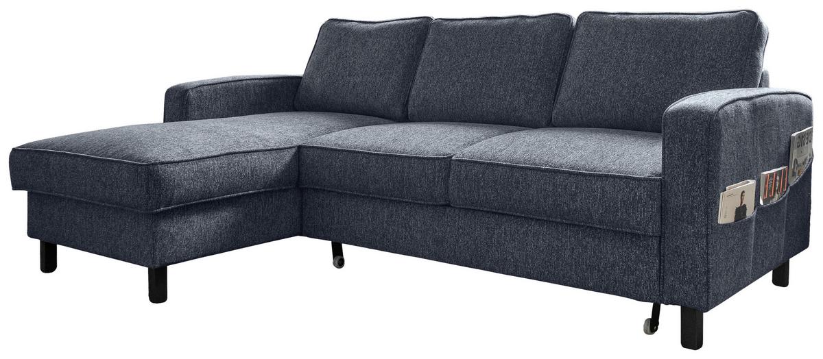 Sedačka MELANIE S, ľavá, tm.modrá, úl.priestor a lôžko - čierna/tmavomodrá, drevo/textil (148/228cm) - MID.YOU