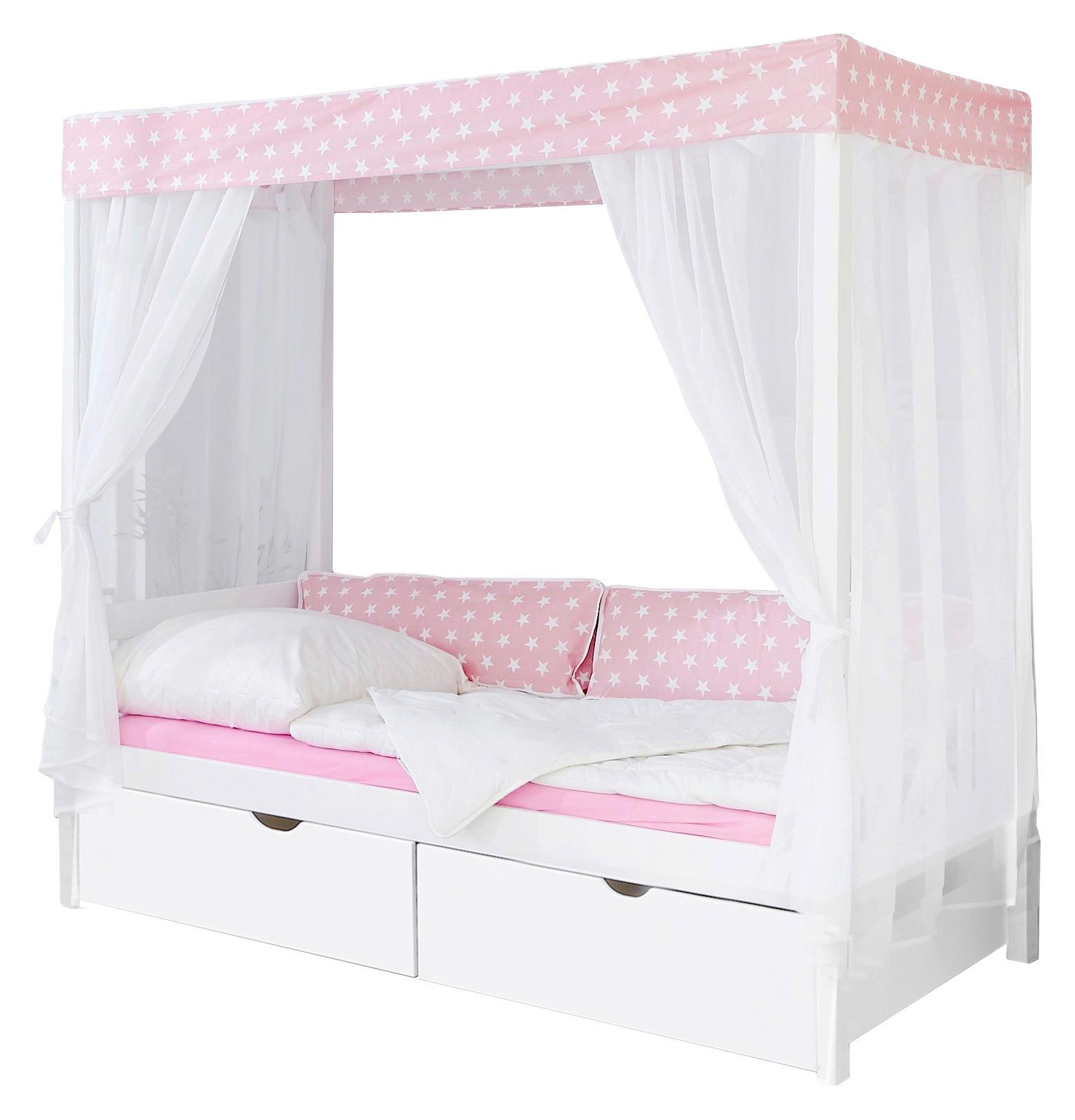 Posteľ s nebesami LINO záves ružovo-biely - biela/ružová, Modern, drevo (90/200cm) - Livetastic