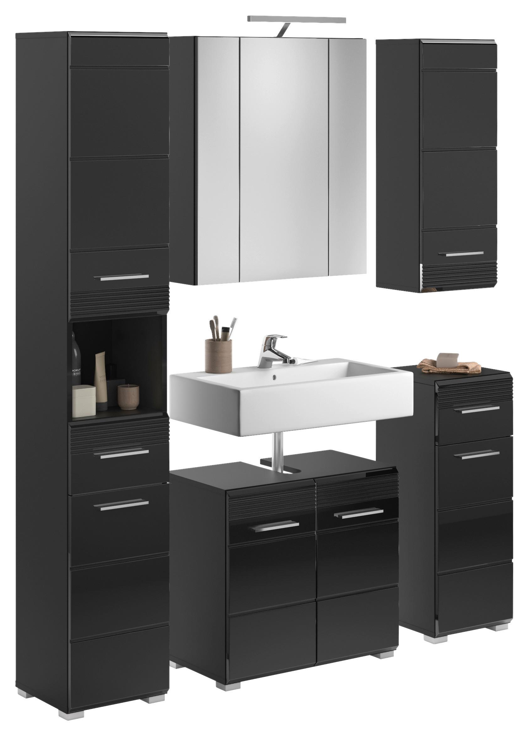 Badezimmer Linus Schwarz Hochglanz B:120 cm - Schwarz Hochglanz/Silberfarben, MODERN, Glas/Holzwerkstoff (120cm) - MID.YOU