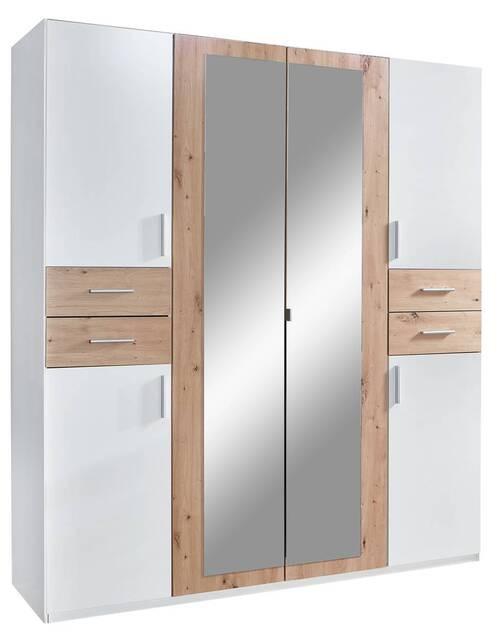 Drehtürenschrank mit Laden 180 cm Vegas, Weiß/Eiche Dekor