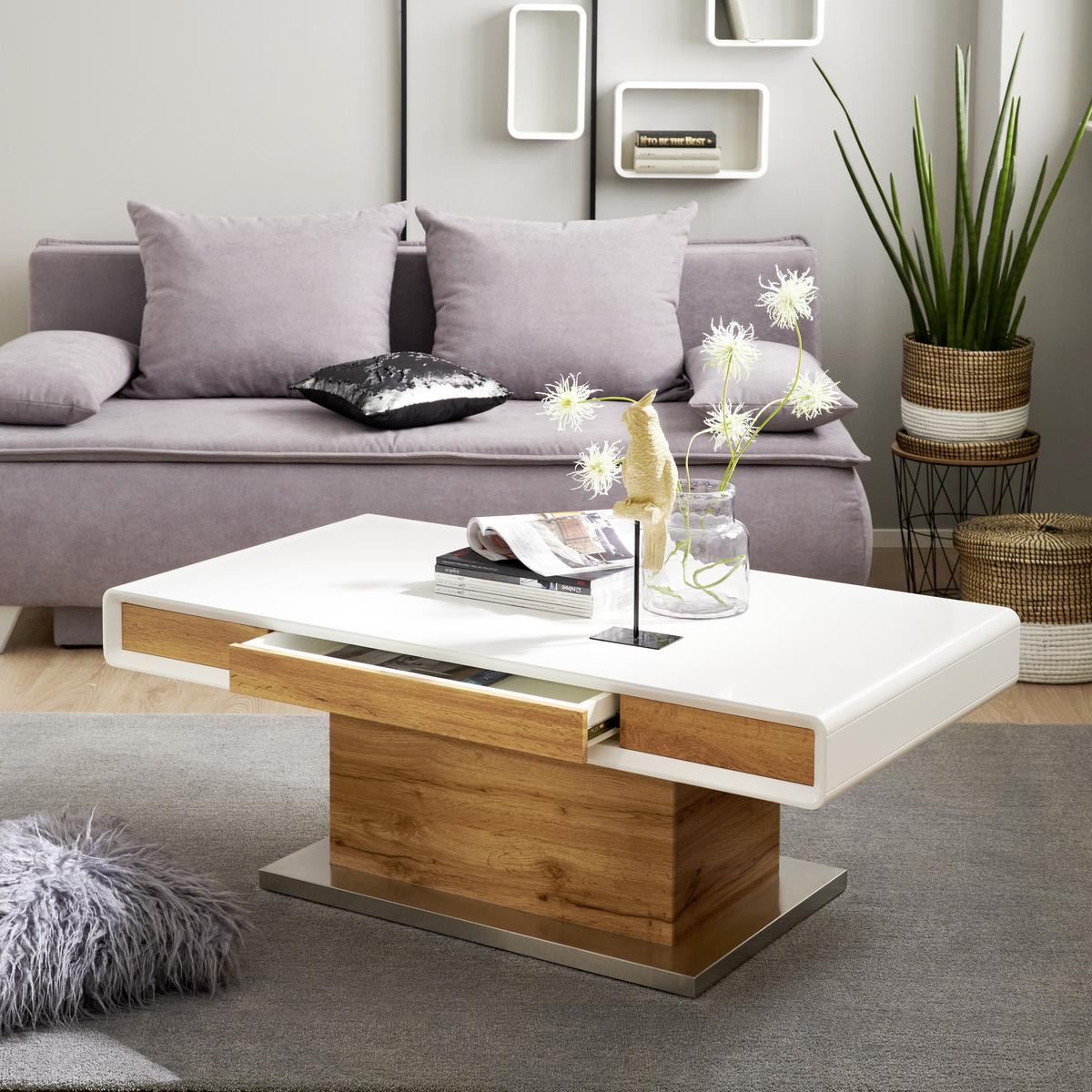 Couchtisch Mit Lade Kopenhagen, Eiche Dekor/weiß - Edelstahlfarben/Eichefarben, MODERN, Holzwerkstoff/Metall (130/49-78/70cm)